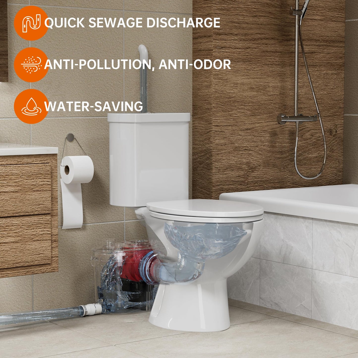 SUPERFLO Upflush Toilet for Basement with 600W Macerating Toilet System & Silent Toilet Pump for Macerator Toliet, Sink & Tub（Include Extension Pipe）