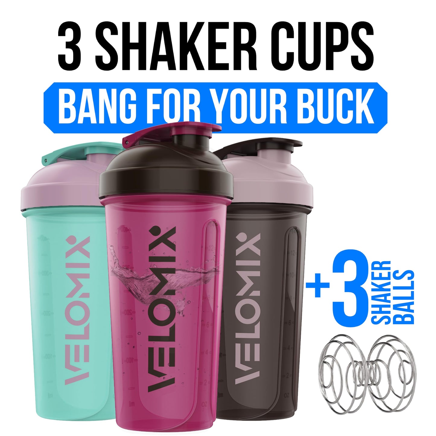 VELOMIX -3 PACK- 14 oz Protein Shaker Bottle for Protein Mixes - 3x Wire Whisk | Leak Proof Shaker Cups for Protein Shakes | Stackable Protein Shaker Bottle Pack | Dishwasher Safe (Mixed Colors)
