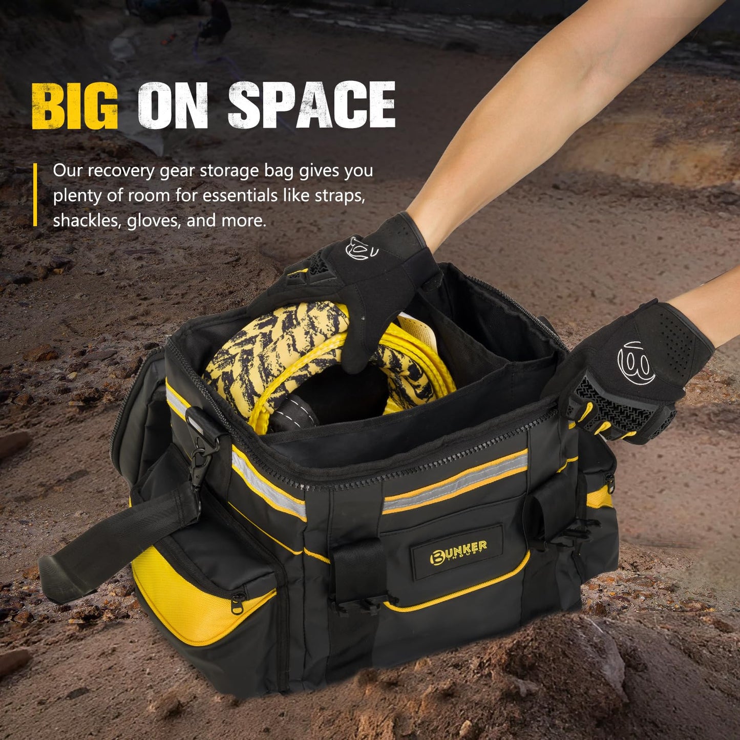 BUNKER INDUST Heavy Duty Recovery Gear Bag with Shoulder Strap, Large Recovery Equipment Bag with Reflective Strips for Offroad Accessories, Universal Multi-Pockets Storage Bag Tool Organizer
