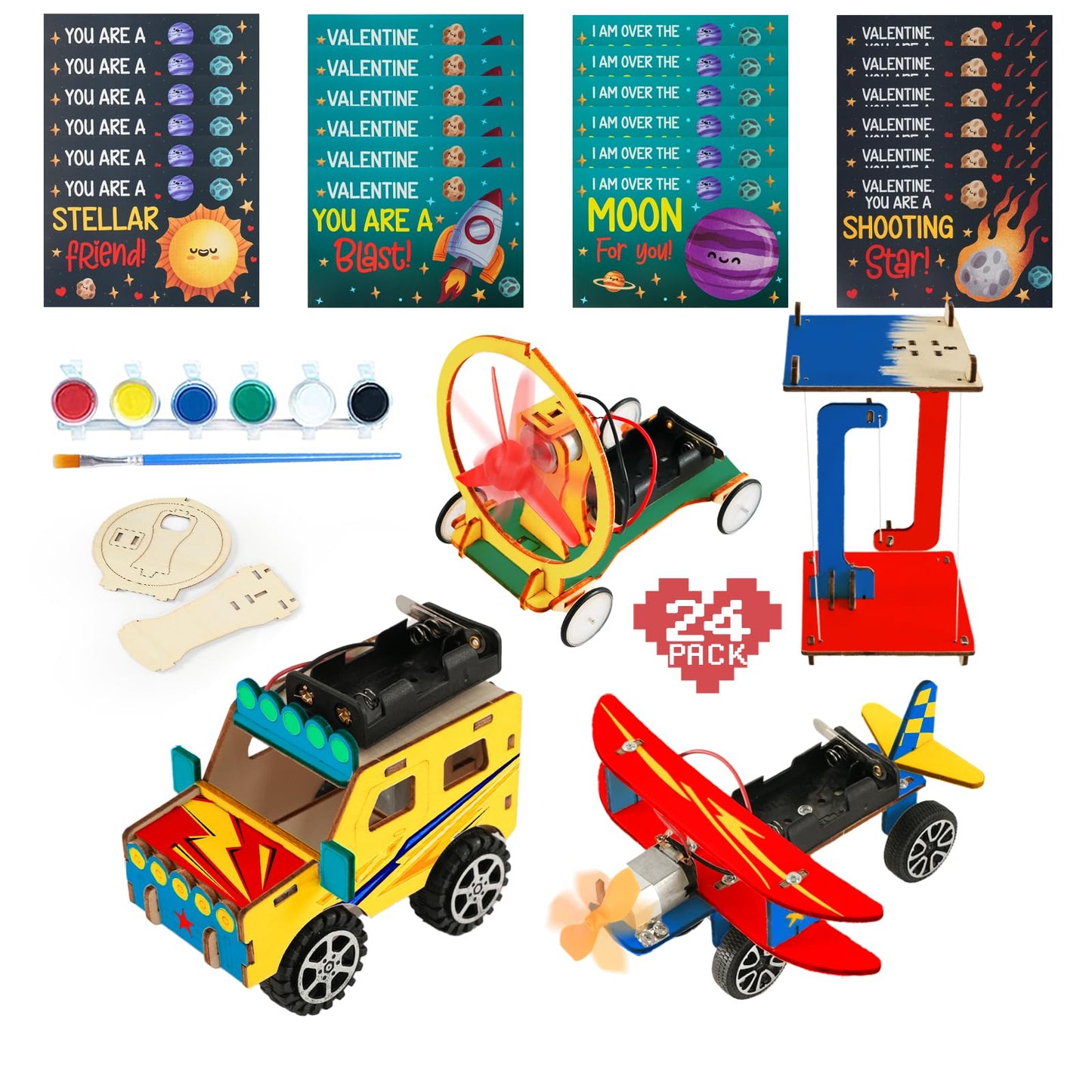 Valentines Day Gifts for Kids - 24 Pack DIY Science Craft Kits with Valentines Cards - STEM Projects Educational Toys for Boys Girls Age 6-12 Classroom Exchange School Activities Party Favors