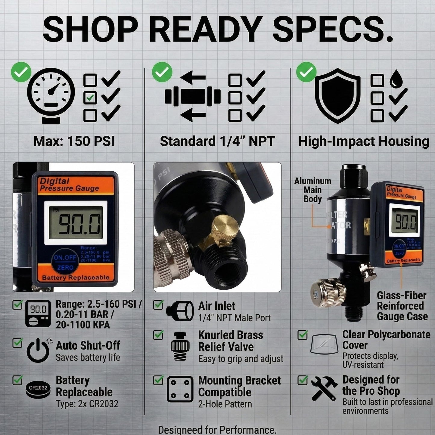 LE LEMATEC Digital Air Pressure Regulator & Water Separator with Moisture Trap, 1/4 NPT, for Air Compressor Oil & Dirt Removal, Inline Dryer for Pneumatic Tools & Spray Gun - AI303-R2