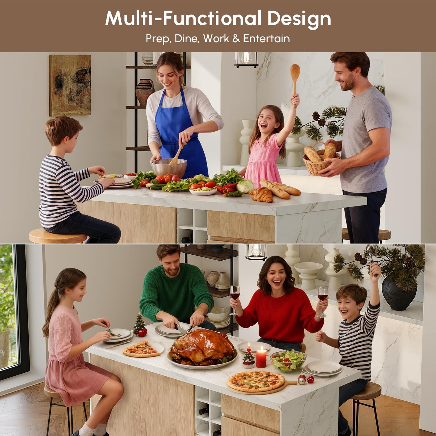 homary Kitchen Island with Storage & LED, 72" White Wood Islands with Wine Rack, Drawers & Shelves, Modern Kitchen Table for Dining Room, Prep & Gatherings, Without Chair