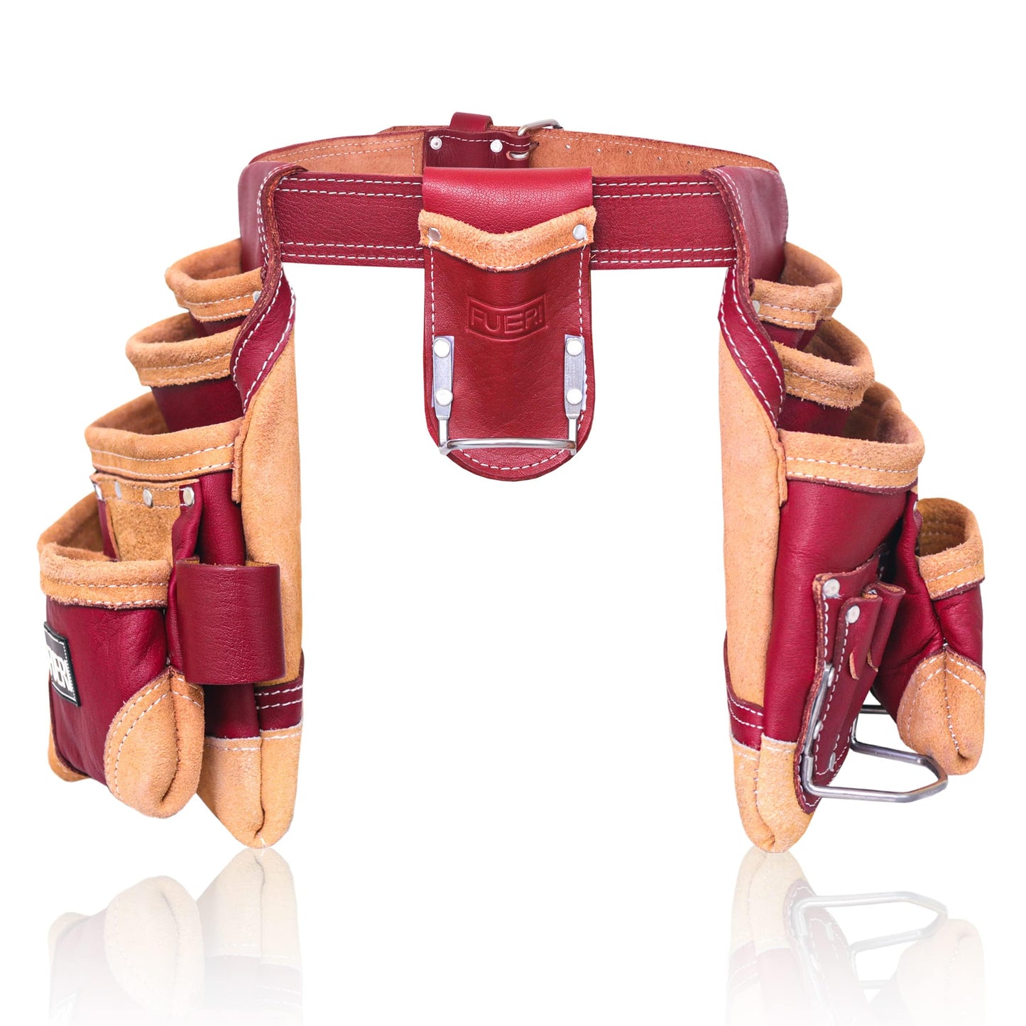 FUERI Leather Tool Belt for Men, 16 Pocket Pro Framing Combo Comes with Heavy Duty Tools Pouches, Triple Hammer holder, Adjustable Padded Belt, and 4 Suspender Loops for Electrician and carpenter's