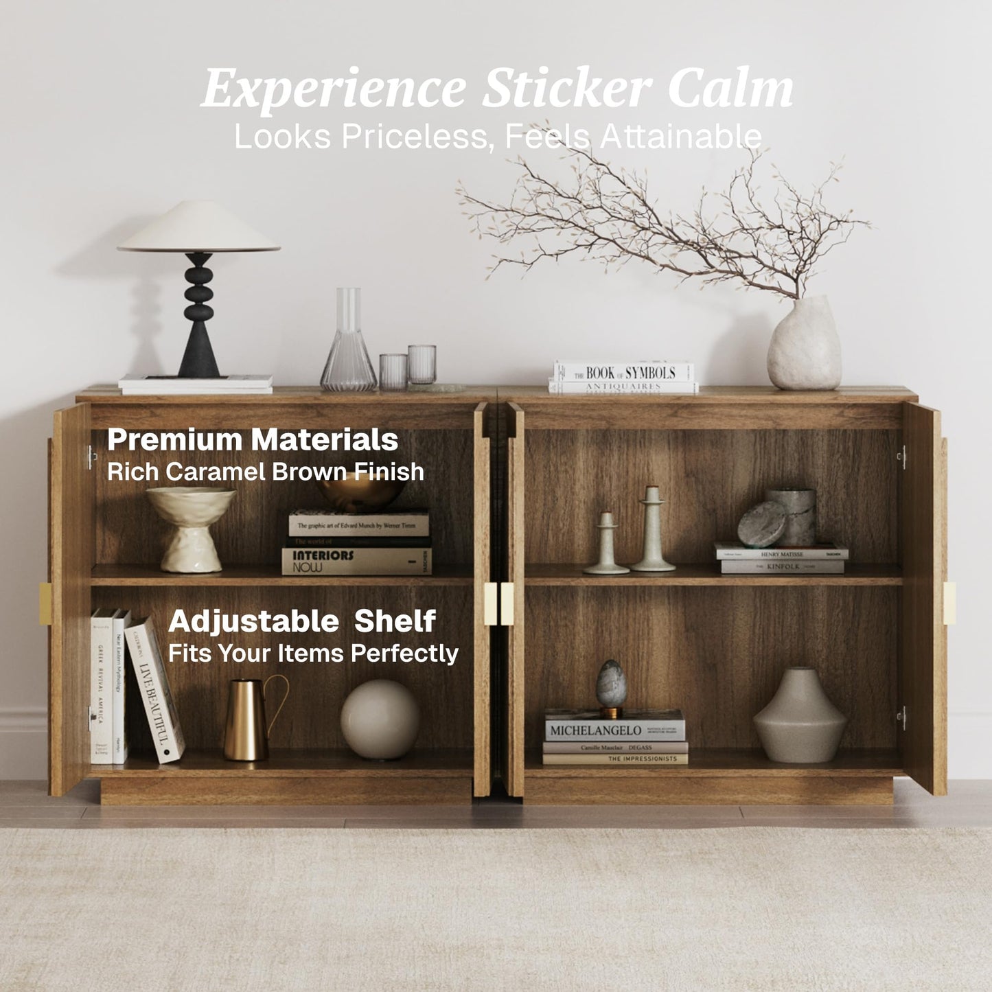 BELLEZE Set of 3 Modular Fluted Sideboard Buffet Cabinet with Storage, Mid-Century Modern Console Table with Symmetrical Arched Doors, Credenza for Dining Room, Kitchen and Living Room, Caramel Brown