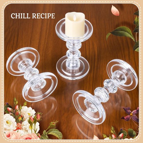 CHILL RECIPE Glass Candle Holder Set - Heavy Tall Crystal Holders for Pillar & Taper Candles | Set of 3
