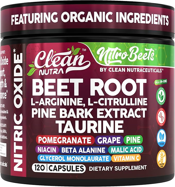 Clean Nutra Organic Beet Root Capsules L Arginine L Citrulline Pine Bark Nitric Oxide Beetroot Powder Arginine Citrulline Supplement Pre Workout Supplements Extract ??120 Vegan Pills
