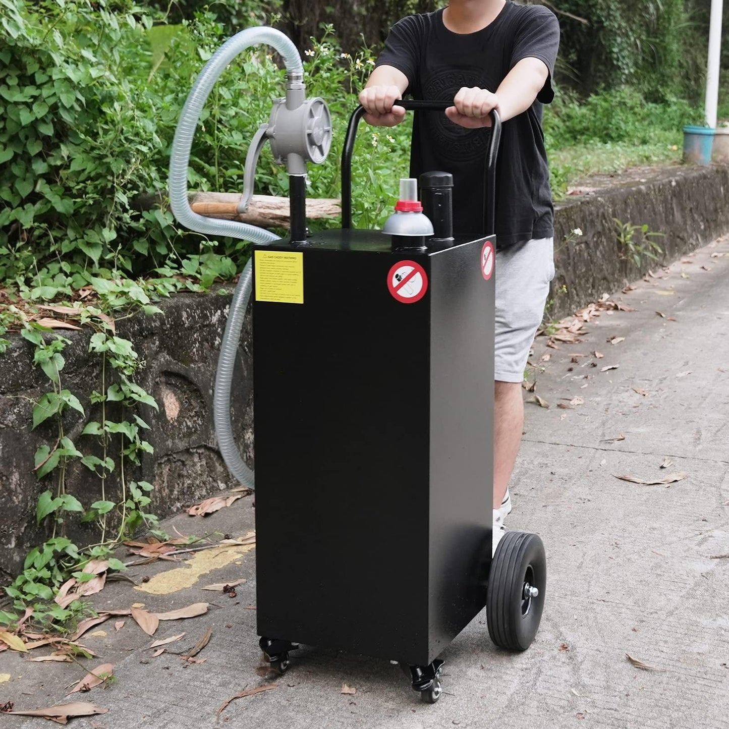 40 Gallon Fuel Transfer Tank - Portable Gas Caddy with Hand Siphon Pump & Flat-Free Wheels for Automotive Diesel Engine Oil Storage, Rolling Garage & Farm Fuel Carrier, Black