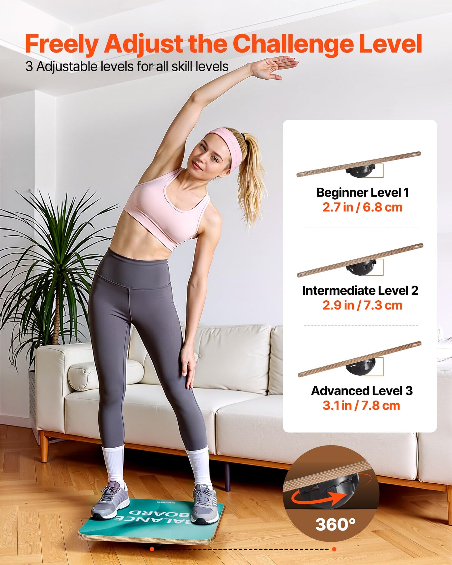 VEVOR Balance Board, 360° Rotating Wobble Board Trainer for Adults 3-Level Adjustable, Wooden Balance Training Equipment, Slip-Resistant Surface for Core Workout, Standing Desk Exercise, Home Gym