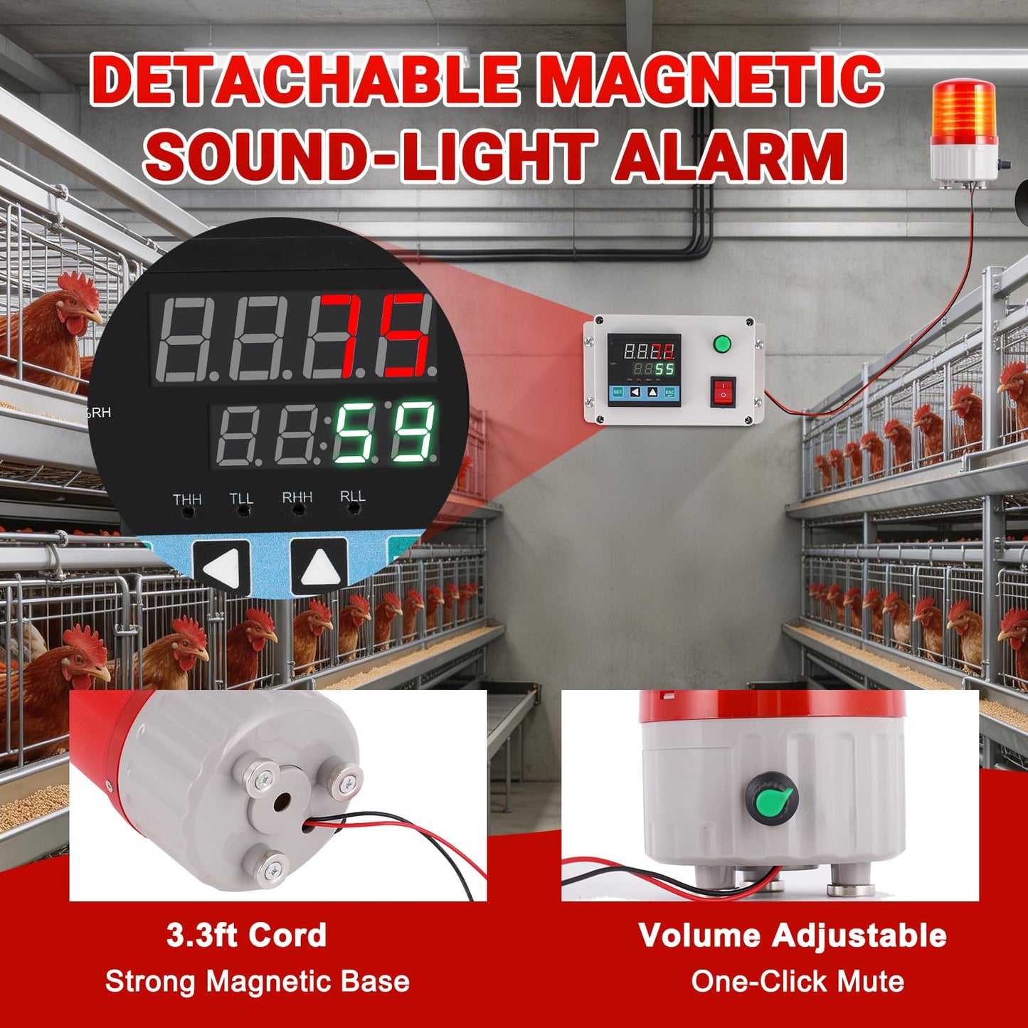 JIAWANSHUN Industrial Temperature Humidity Alarm, -40-185°F 0-100%RH Digital Thermometer Hygrometer, Independent Alarm Sound Light Alert Calibration for Greenhouse, Pet House, Chicken 110V
