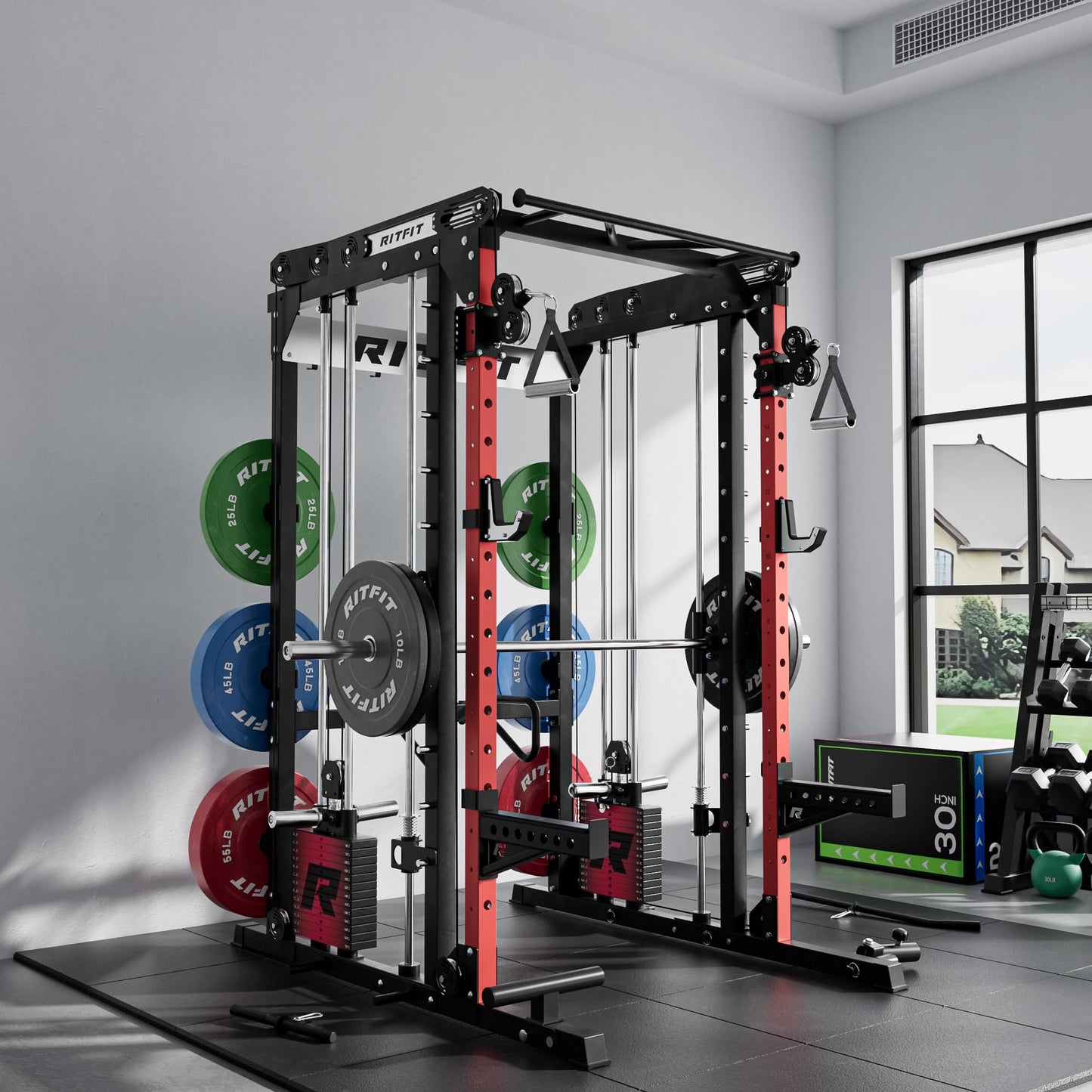 RitFit M2 Smith Machine with Cable Crossover System, 3D Functional Trainer & Power Cage, 16 Adjustment Holes, 6 Storage Pegs for Full-Body Home Gym(M2 PRO-3D Red with BP340)