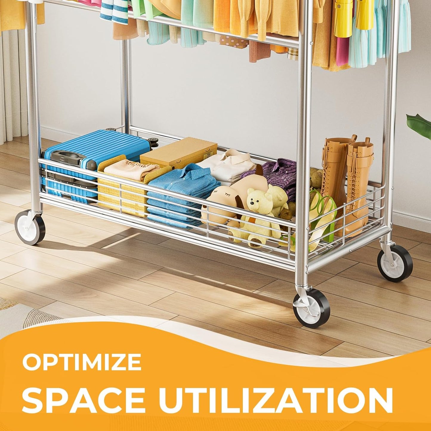 Regine Switzerland Heavy Duty Clothes Rack - 960LBS Capacity, Adjustable & Portable with Wheels, Silver
