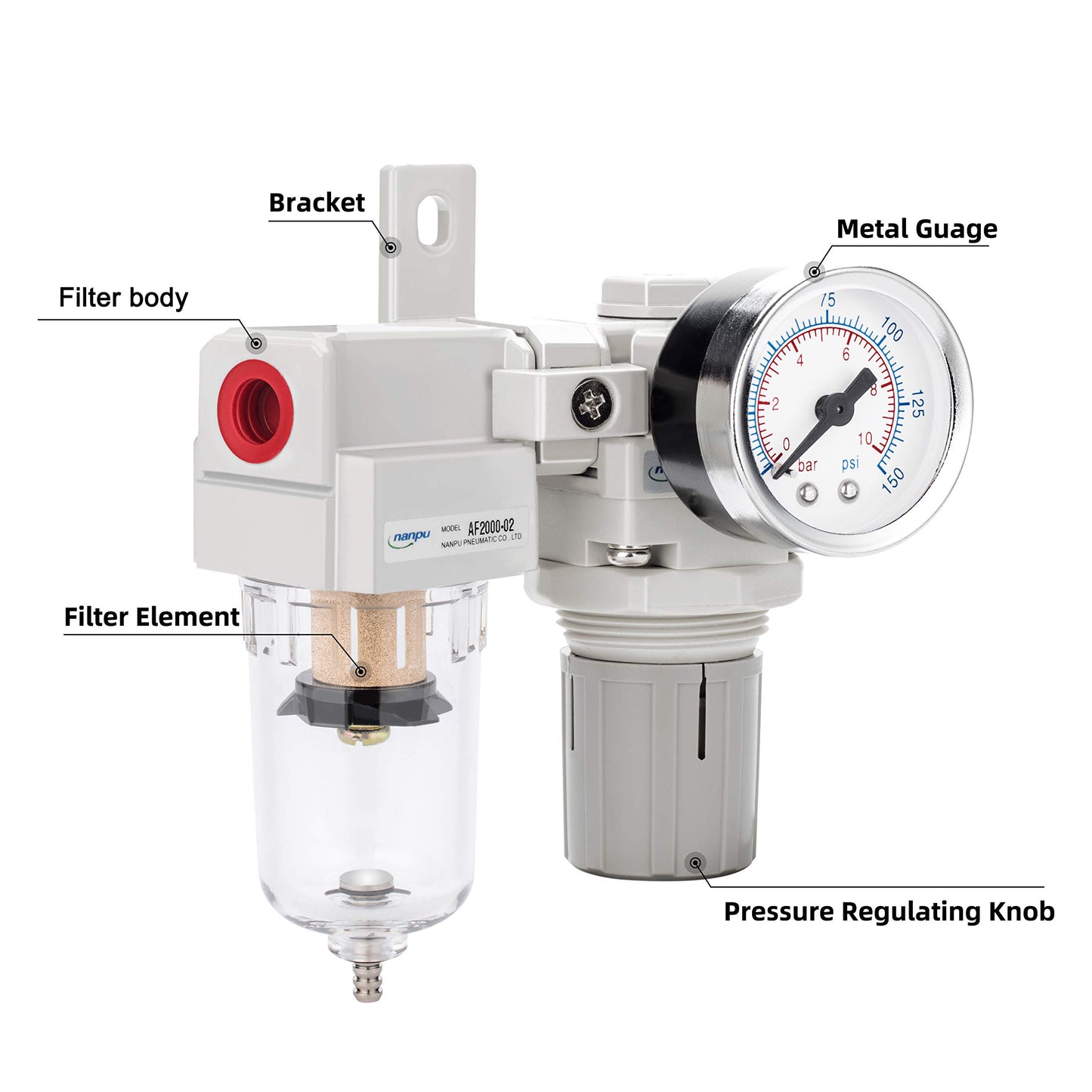 NANPU 1/4" NPT Compressed Air Filter Regulator Combo Piggyback, 5 Micron Element, Poly Bowl, Semi-Auto Drain, Bracket, Gauge (ARF2000)