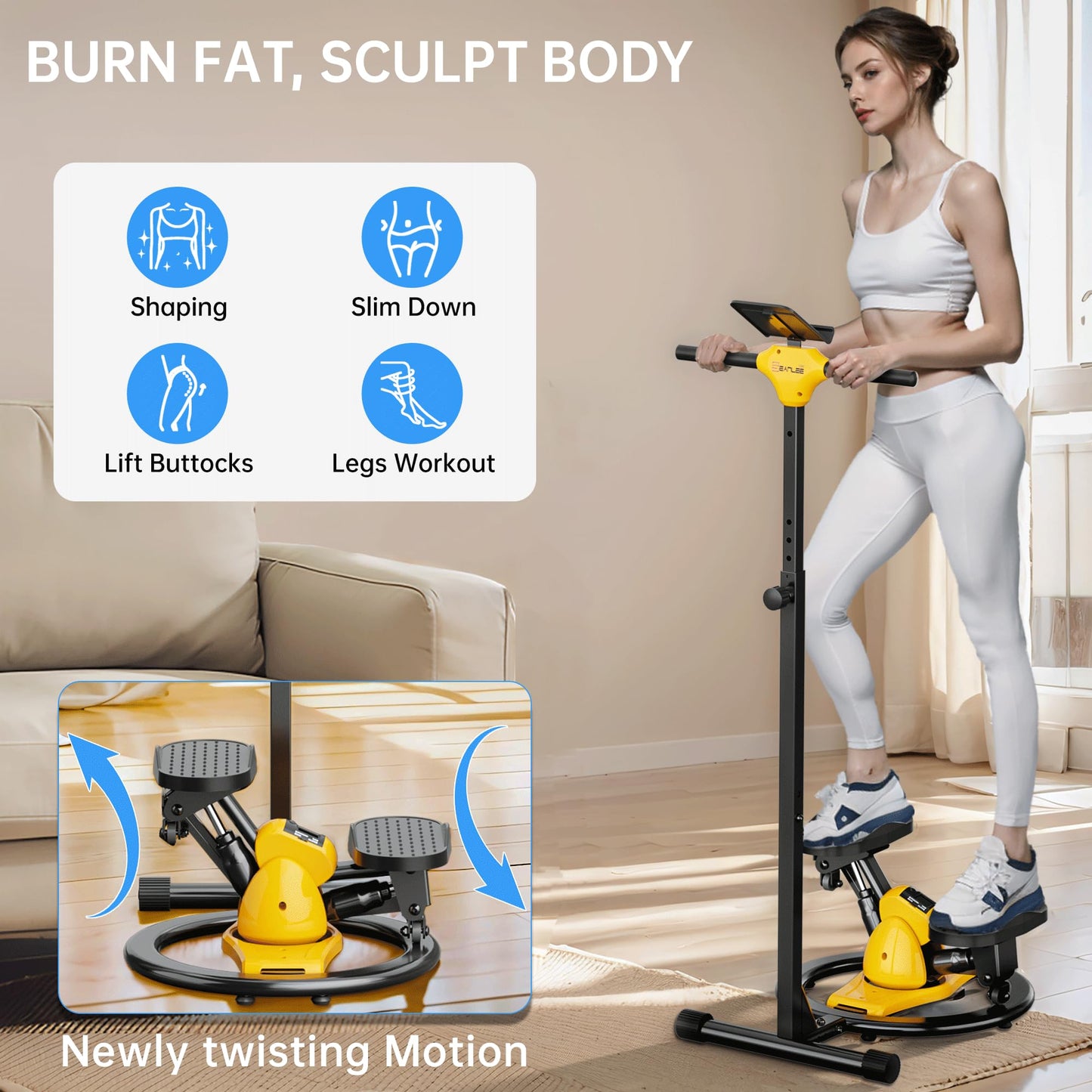 seanleecore Twist Stepper with Handlebar, High-Resistance Stair Stepper Machine for Home Workout, Step + Twist Cardio Exercise Equipment, 300 lb Capacity Quiet Compact Rock Stepper with LCD Monitor