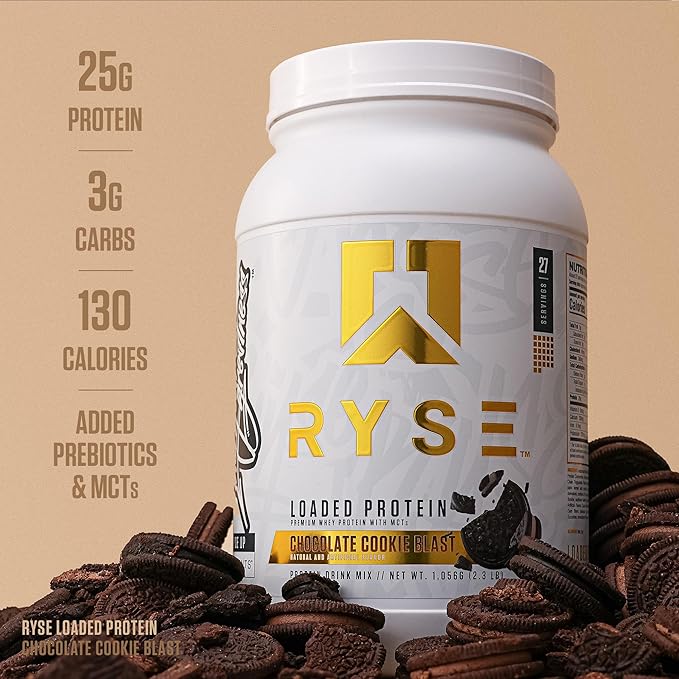 RYSE Loaded Protein Powder - Chocolate Cookie Blast - 25g Whey Protein Isolate & Concentrate with Prebiotic Fiber & MCTs - Low Carb, Low Sugar, Digestive-Friendly - 20 Servings / 1.5 lb Tub