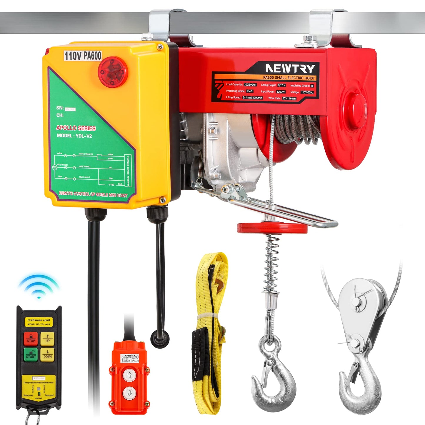 NEWTRY 1320lb & 660lb Electric Hoist Winch, 1200W Wireless/Wired Control 2 in 1, 110V Single & Double Slings Portable Hoist Winch for Garage Factories Warehouse