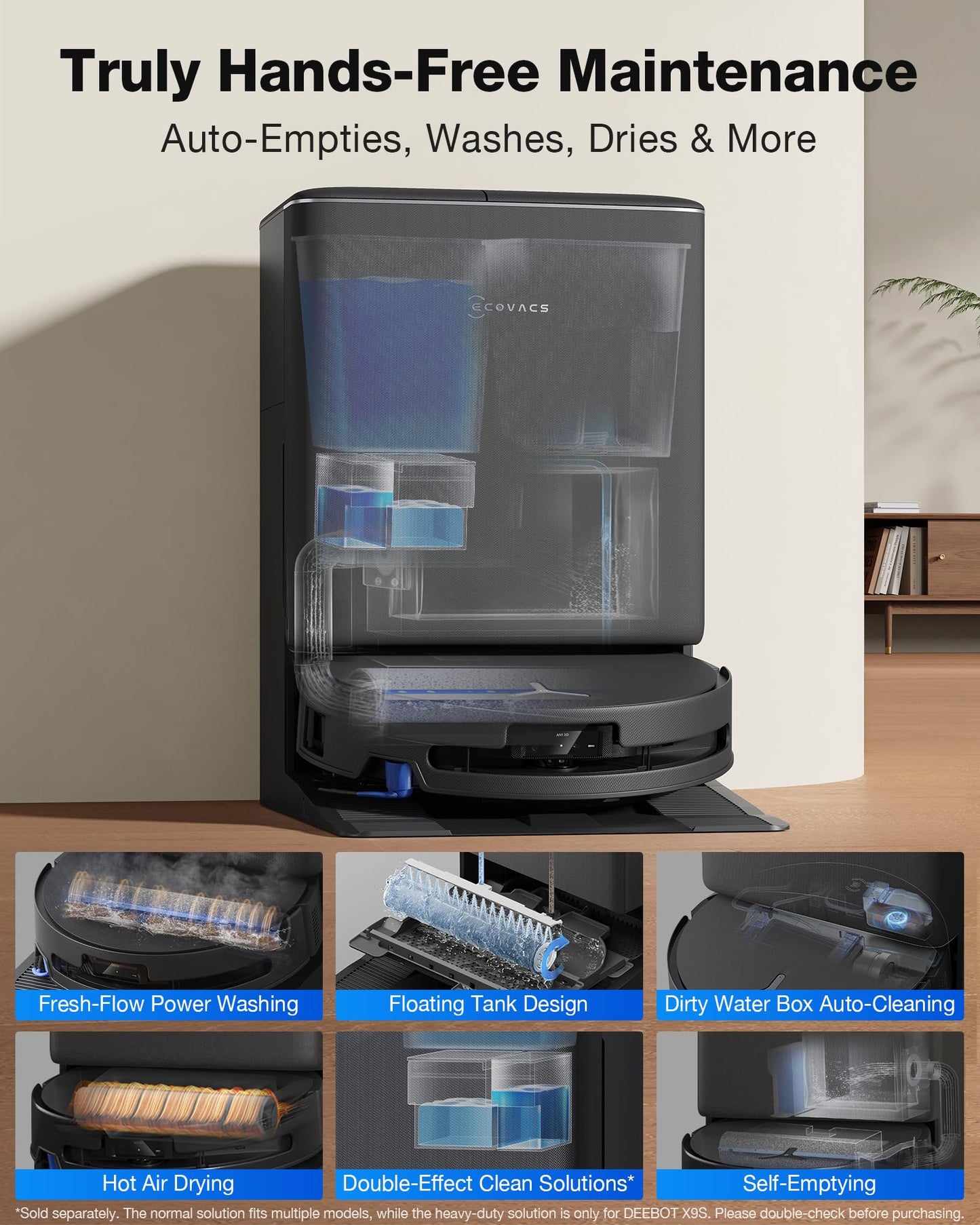 ECOVACS DEEBOT X9S PRO Omni Robot Vacuum and Mop, 30,000Pa Suction, Instant Self-Cleaning OZMO Roller Mop, TruEdge Deep Edge Cleaning, ZeroTangle, Dual-Cleaning Solution System, AI Obstacle Avoidance