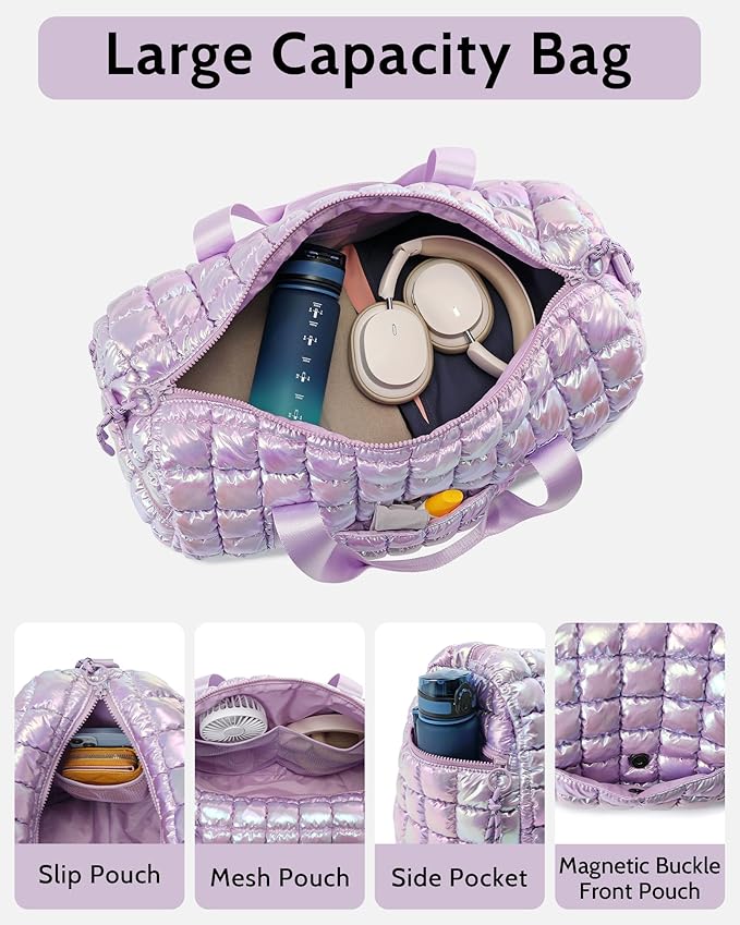 Quilted Duffel Bag for Women, Puffer Gym Duffle Bag with Shoe Compartment Lightweight Large Crossbody Sport Travel Bag Tote Purple Lilac