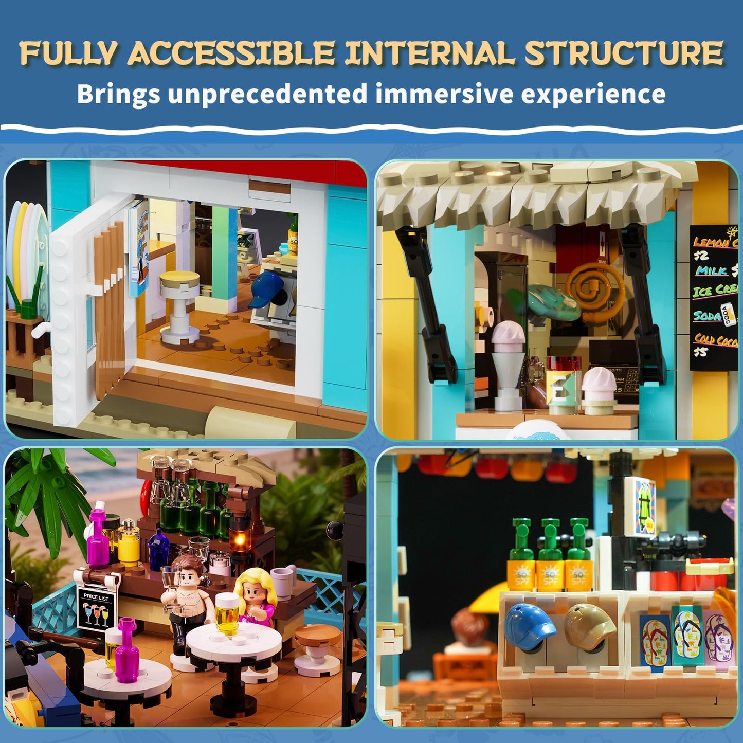 Lumibricks Surf Shop Lighting Building Bricks Set - Coast Club Modular Collection Display Kit with LED and Minifigures 1752 Pcs for Adults & Teens & Marine Enthusiasts