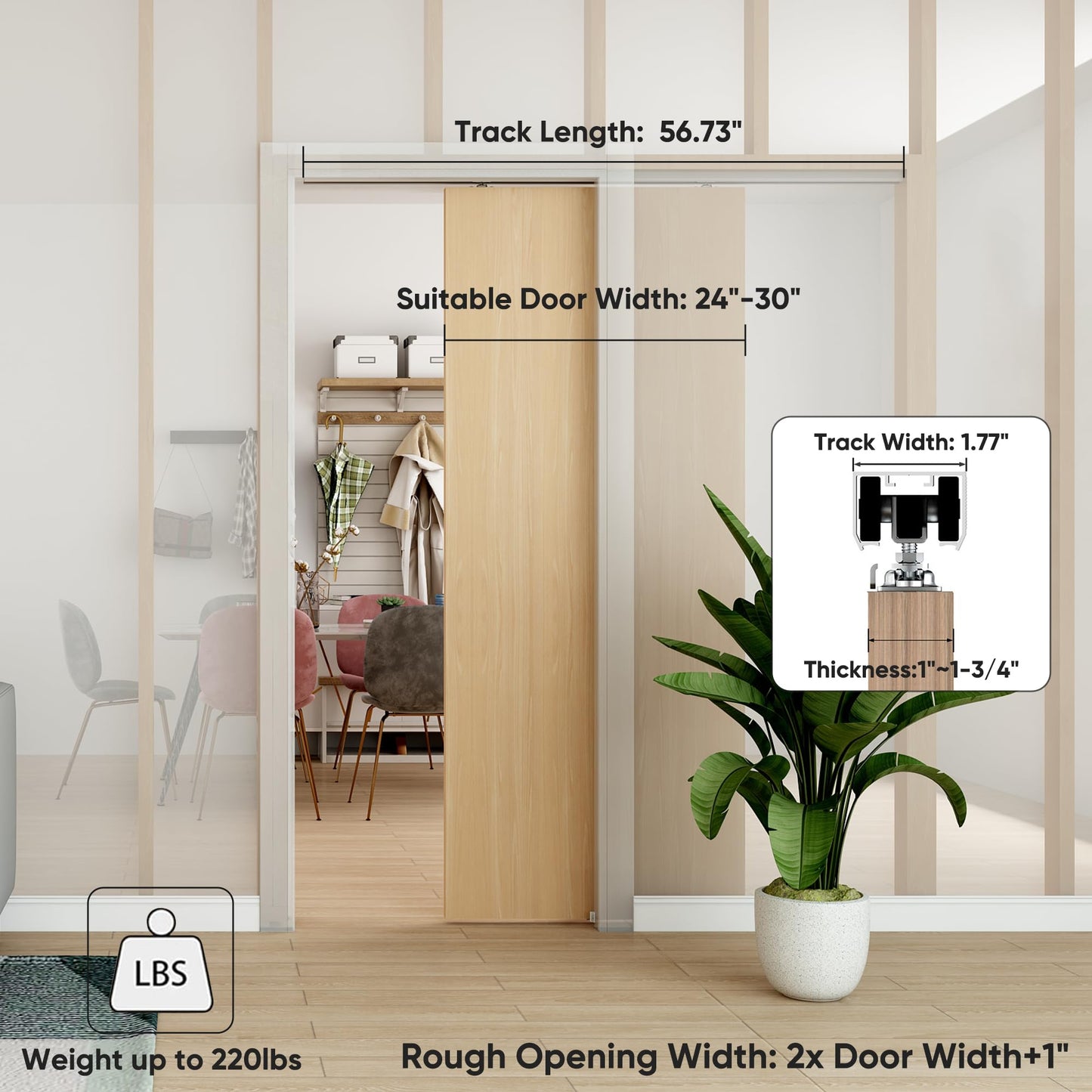 BarnBase 5FT Pocket Door Track Kit, Spliced Aluminum Pocket Door Hardware 56.7", Suitable for Door Width 24"-30", Slide Quietly and Smoothly, Easy to Install