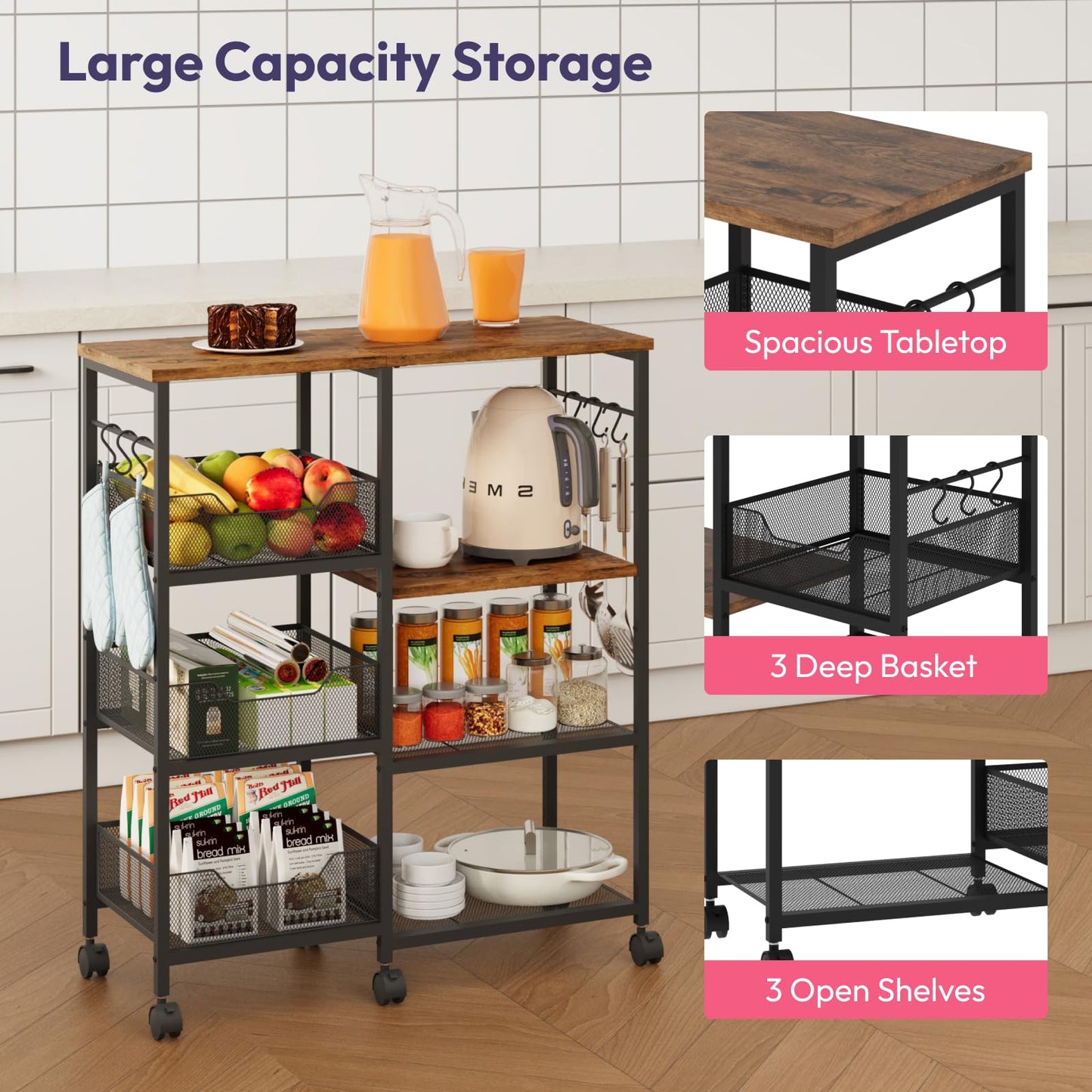 SWTYMIKI Kitchen Island Cart on Wheels - 4 Tier Rolling Kitchen Table Cart with Storage Shelves, 6 Removable Hooks& Locking Casters, Coffee Bar Cabinet for Dining Room Pantry Office, Espresso