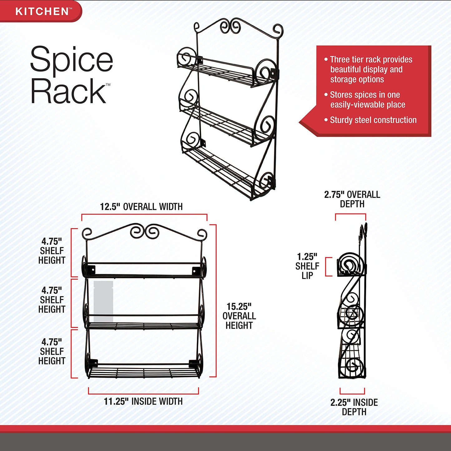 Spectrum Diversified Scroll Wall-Mounted Traditional Spice Rack Organizer for Cabinet & Kitchen, 3-Tier, Beauty & Nail Polish, 43710