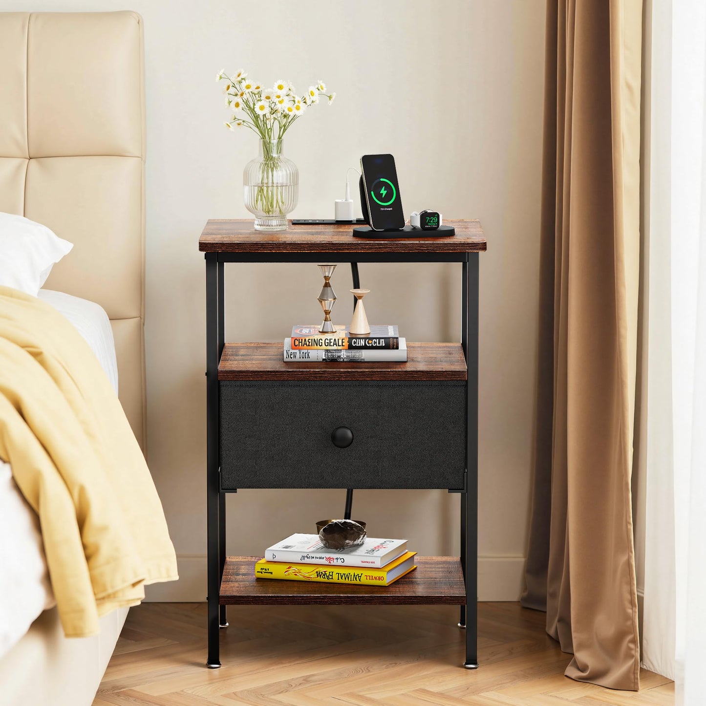 VECELO End Side Table, Modern Night Stand with Storage Space and Door, Set of 2 Nightstands for Living Room,Bedroom,Lounge,Antique Brown