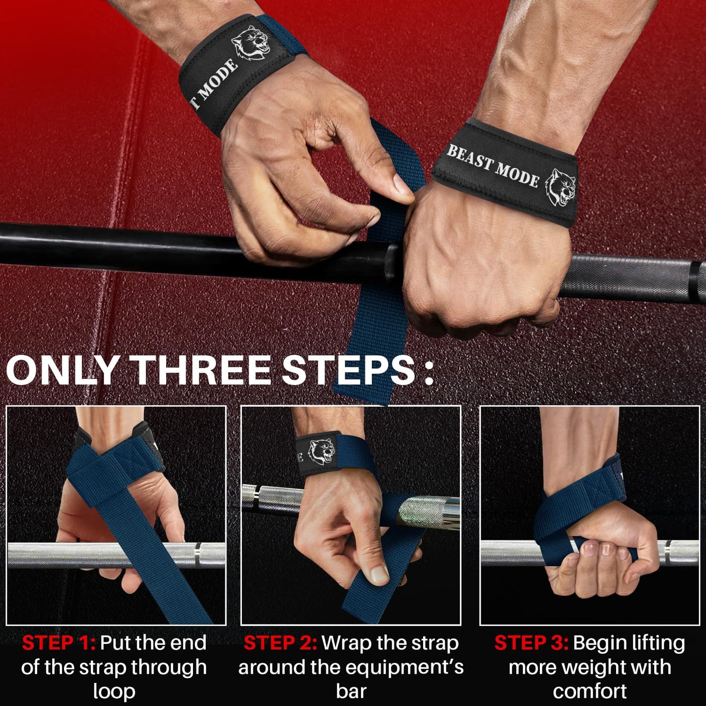 TECEUM Lifting Wrist Straps with Neoprene Padding Support – Navy Blue – Beast Mode – Heavy Duty Wrist Workout Straps For Men and Women – Ideal for Powerlifting, Strength Training, Bodybuilding