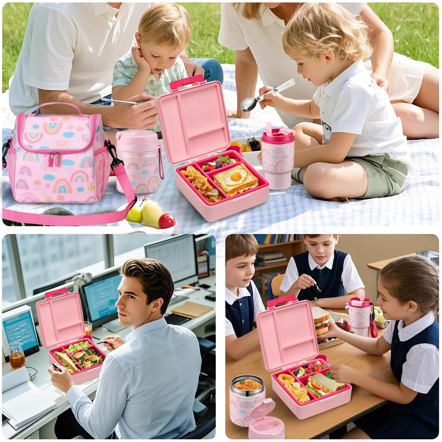 Bento Lunch Box for Kids with 17oz Soup Thermo,Insulated Tumbler Water Bottle and Insulated Lunch Bag,Leak-Proof 3 Compartment Lunch Food Container with Ice Pack for Kids to School-Rainbow