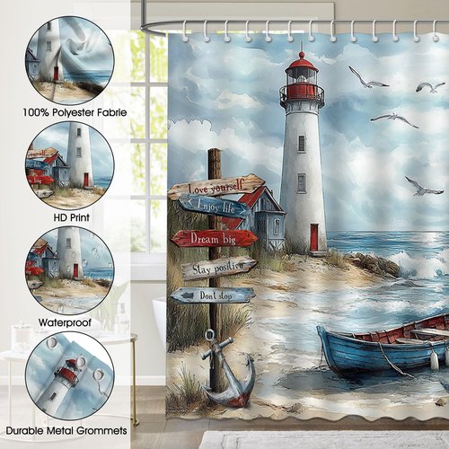Mocsicka Nautical Coastal Shower Curtain Ocean Beach Lighthouse Bathroom Shower Curtain Seaside Nautical Coastal Waterproof Fabric Shower Curtains Bathtub Decor with 12 Hooks 72 X 72 Inch (Blue)