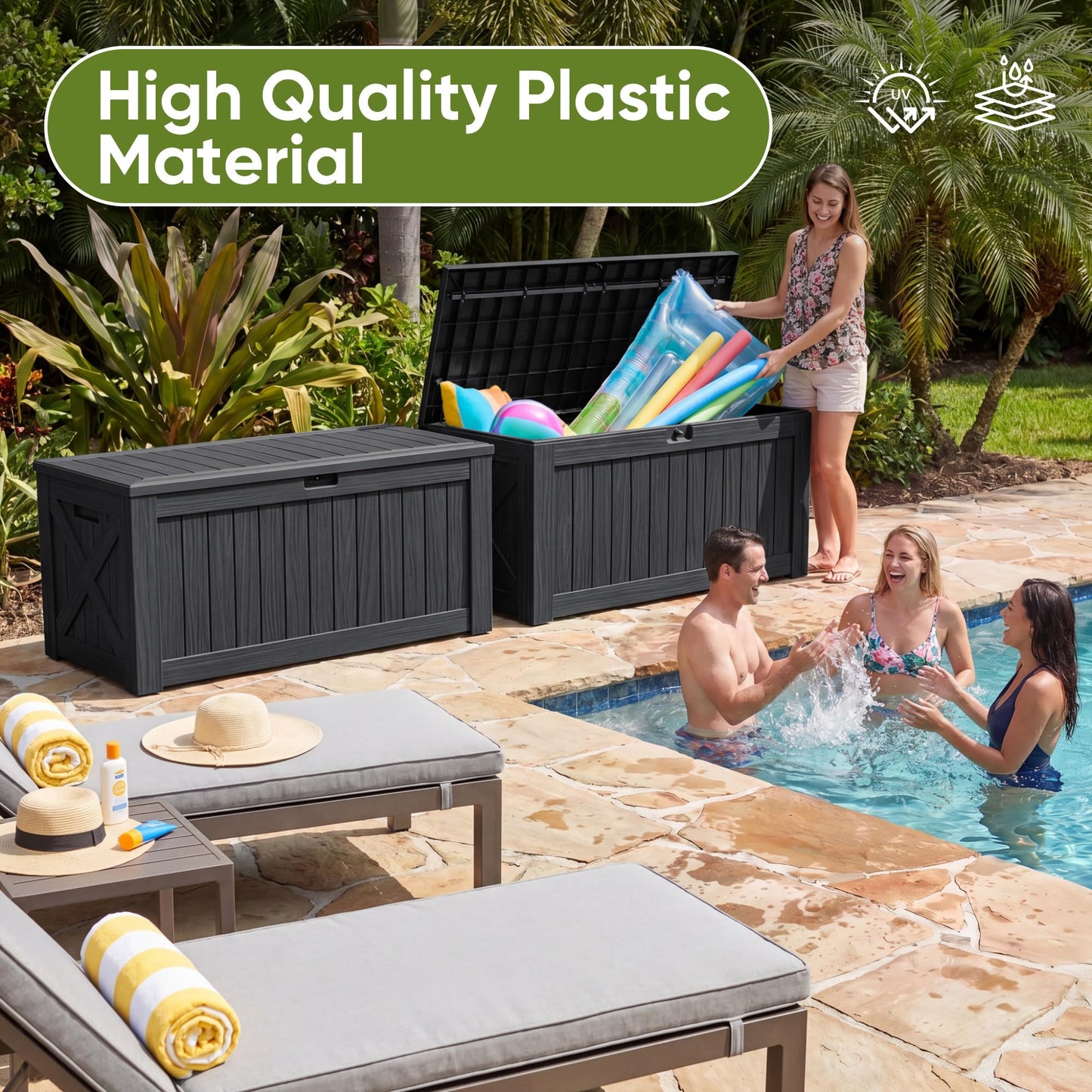 Flamaker Resin Deck Box 120 Gallon Waterproof Large Outdoor Indoor Storage Box Imitation Wood Resin for Patio Furniture Garden Tools and Pool (Black)