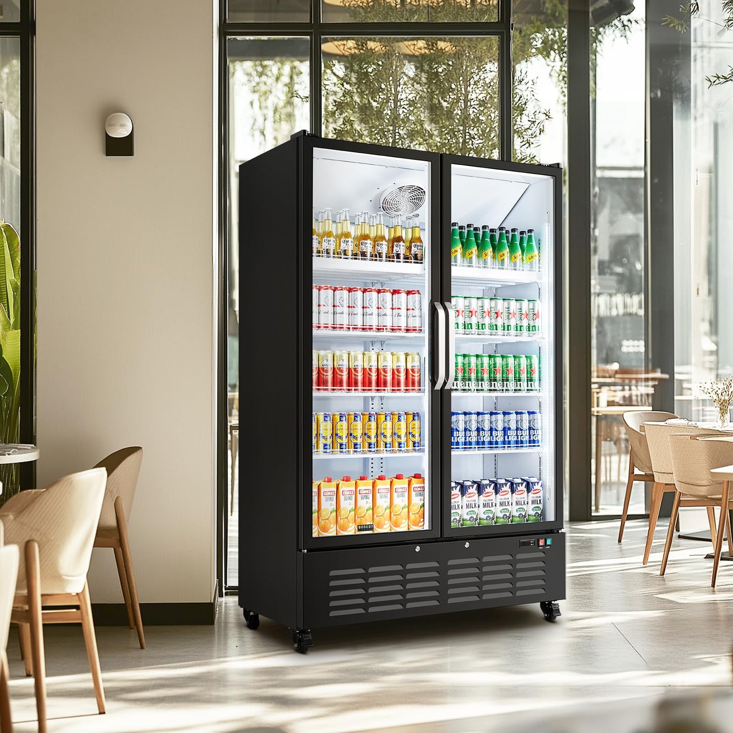 BODEGACOOLER Commercial Merchandiser Refrigerator, 36.8 Cu.Ft Double Glass Door Beverage Cooler, Upright Display Refrigerator with Soft LED Light, Adjustable Shelves, 4 Heavy-Duty Casters, Black
