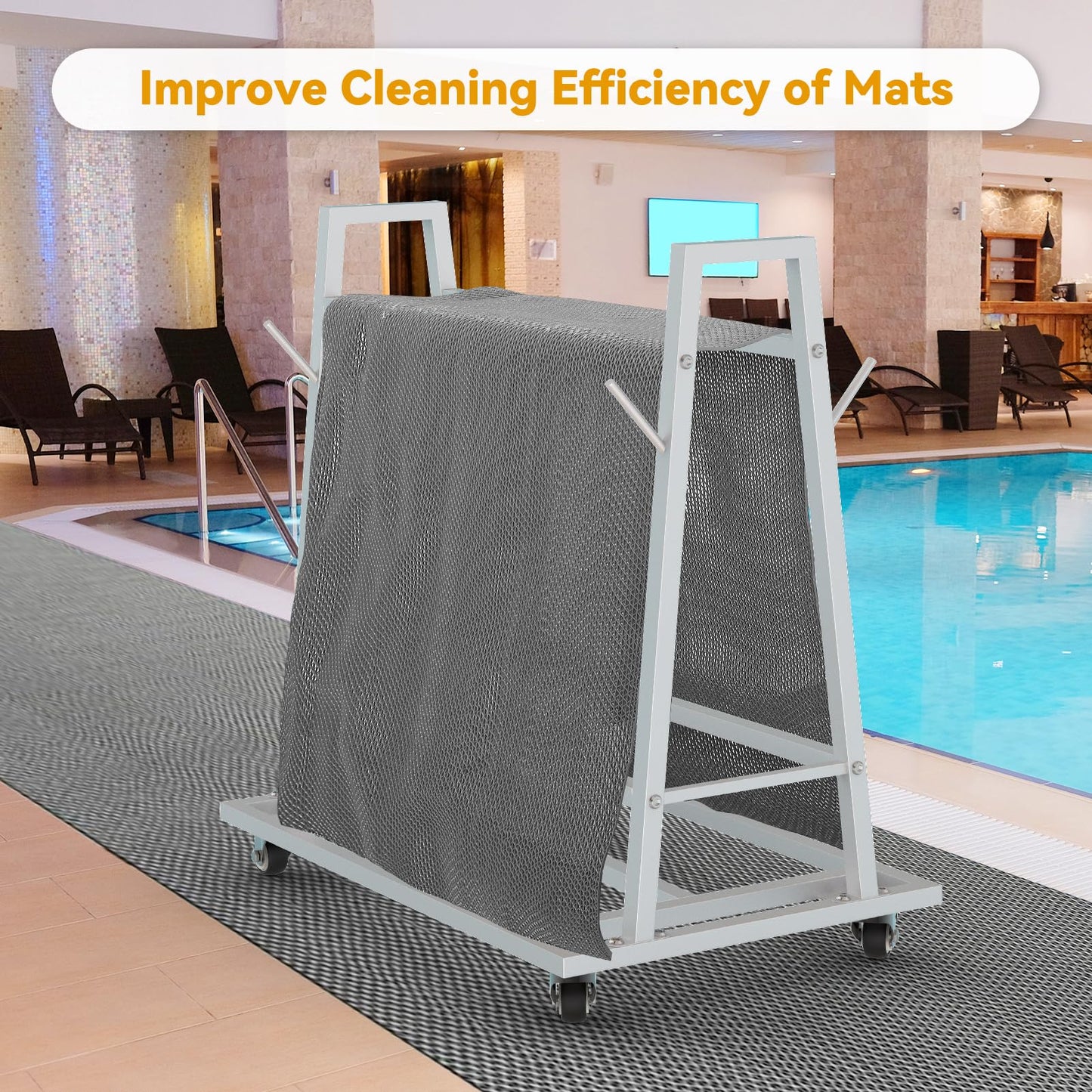 Wash Rack and Mat Transporter, Floor Mat Cart with Casters Commercial Floor Mat Rack with Four Short Rods 42“ L x 28” W x 40“ H