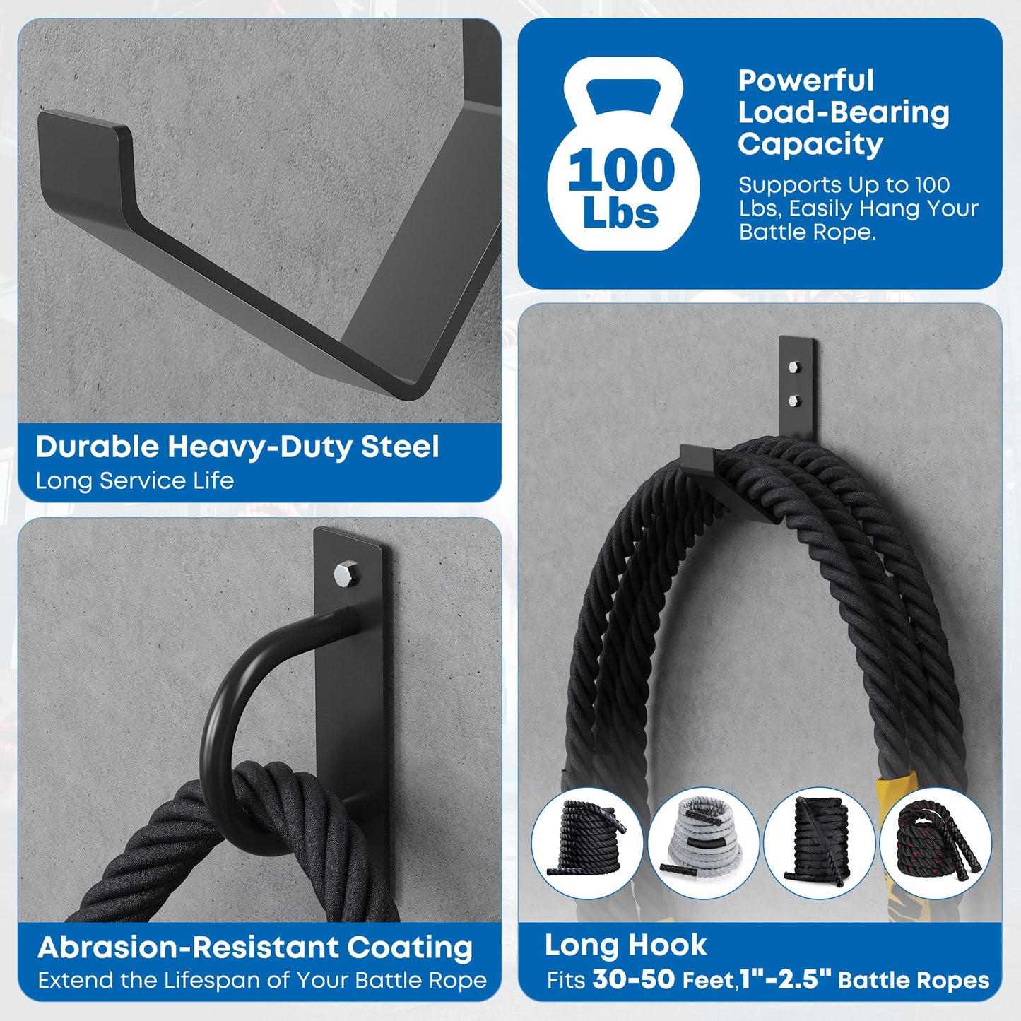 Battle Rope Wall Mount Kit - Set with 1 Battle Rope Wall Anchor and 1 Storage Hook for 30-50 Feet,1"-2.5" Battle Ropes - Heavy Duty Steel Battle Rope Anchor Wall Mount Kit-Battle Rope Rack Attachment