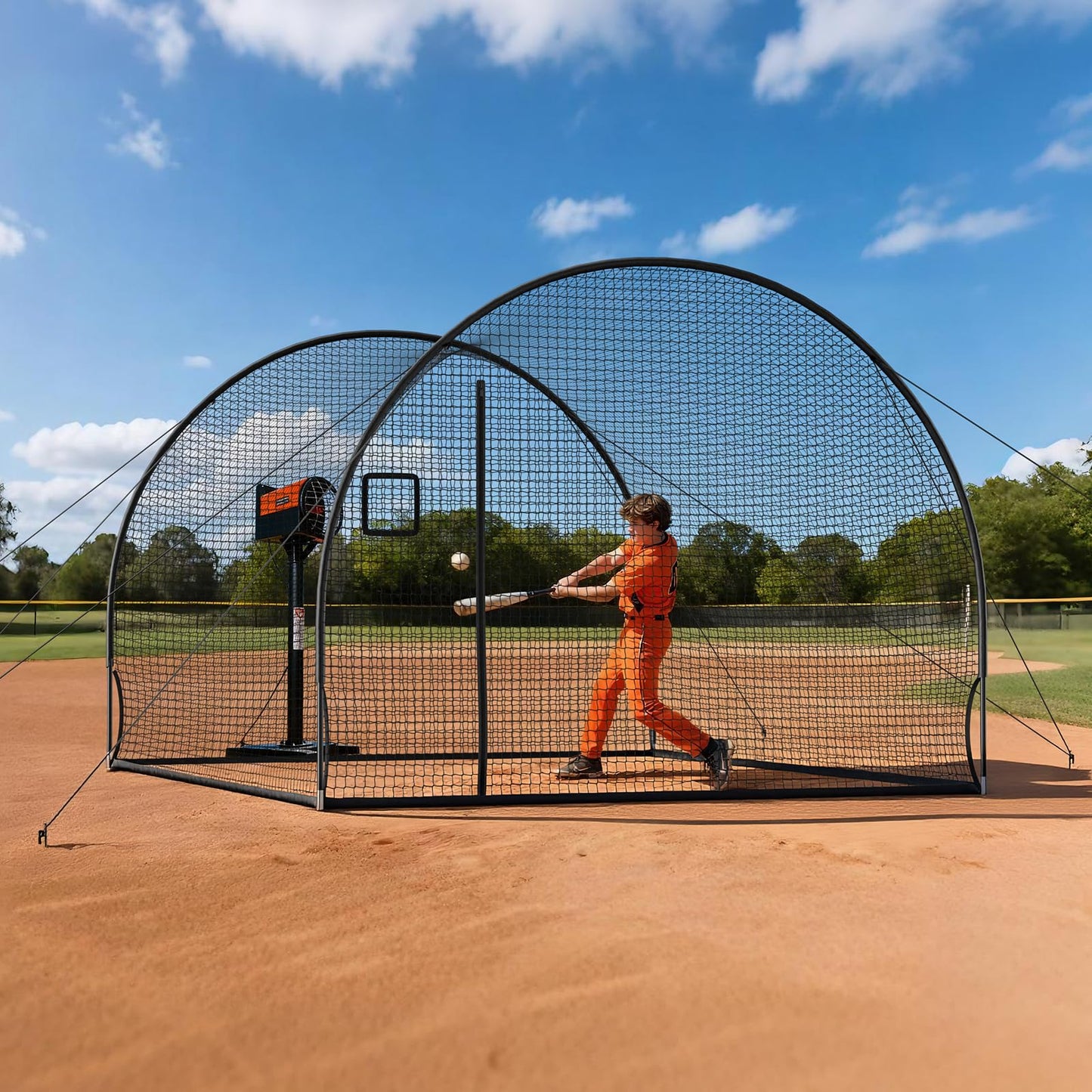 VEVOR Baseball Batting Cage, 12.0 x 10.2 x 7.6 FT Freestanding Portable Batting Cage, Hitting Cages with 4-Ply Knotless Polyester & Pitching Machine Opening, Battings Cages Netting for Outdoor