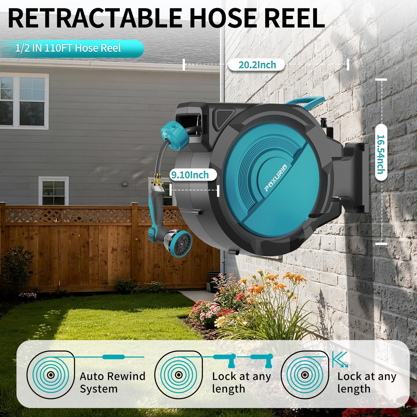 POXURIO 1/2" 110FT Retractable Garden Hose Reel, Wall Mounted Automatic Hose Reel with Upgraded 10 Pattern Nozzle/Any Length Lock/Slow Return System/180°Swivel Bracket, AquaBlue