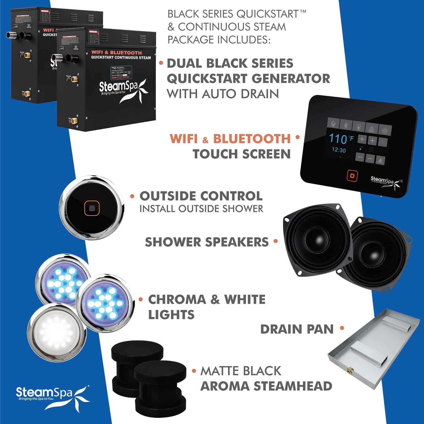 SteamSpa Generator with Quick Start Continuous Steam Technology, Wi-Fi, Bluetooth and Autodrain | 15kW Steam Generator with Black Steam Head with Aromatherapy Reservoir | RVB1500BK-A