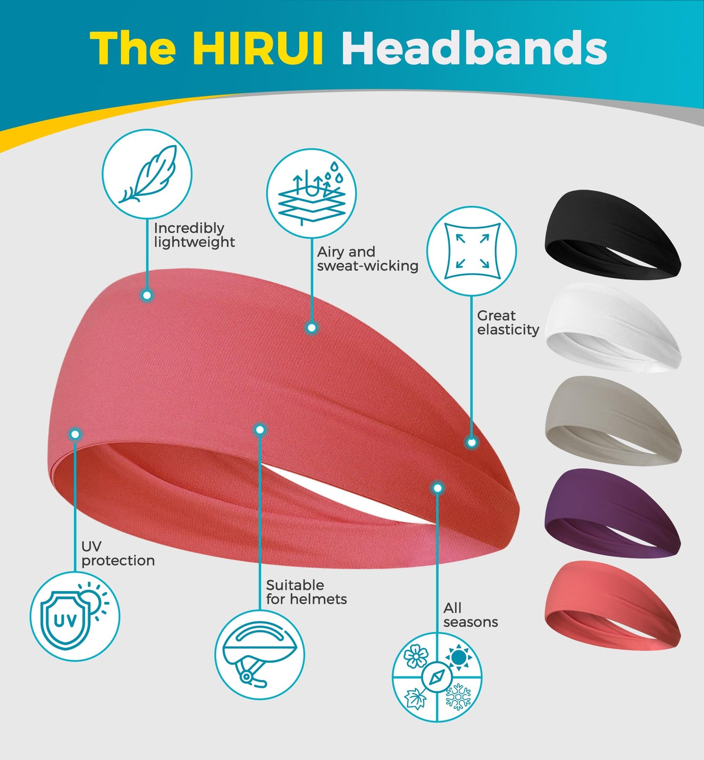 HiRui Headbands for Men & Women (5 Pack), Moisture Wicking No‑Slip Sports Headbands for Running, Workout, Yoga, Cycling, Gym, Soft Stretchy Sweatbands & Hair Bands for Everyday Wear