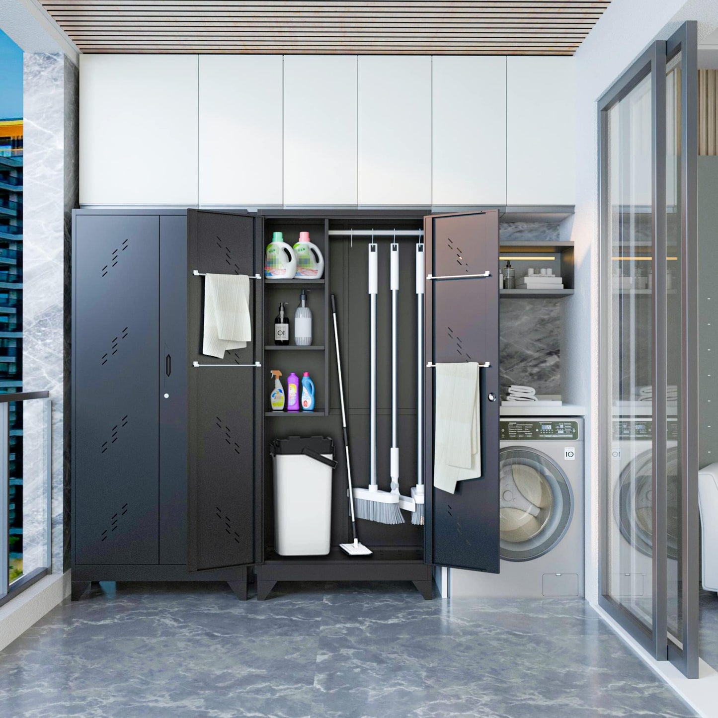 ZONLESON Metal Storage Cabinet, 75" Tall Garage Storage, Utility Cabinet for Brooms and Mops, Metal Locker with Hanging Rod for Garage, Home, Office, Laundry Room, School, Gym, Warehouses, Black