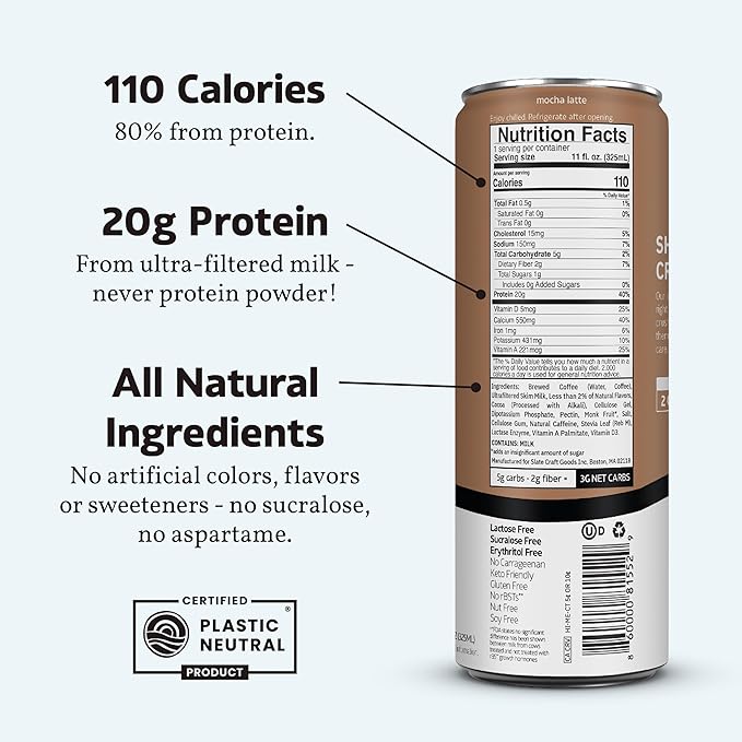 Slate Milk - High Protein Iced Coffee - Mocha Latte - 175mg Caffeine, Lactose Free Energy - 20g Protein, 1g Sugar, 110 Calories, 3g Net Carbs, No Sugar Added - Protein Coffee - 11 fl oz, 12 Cans