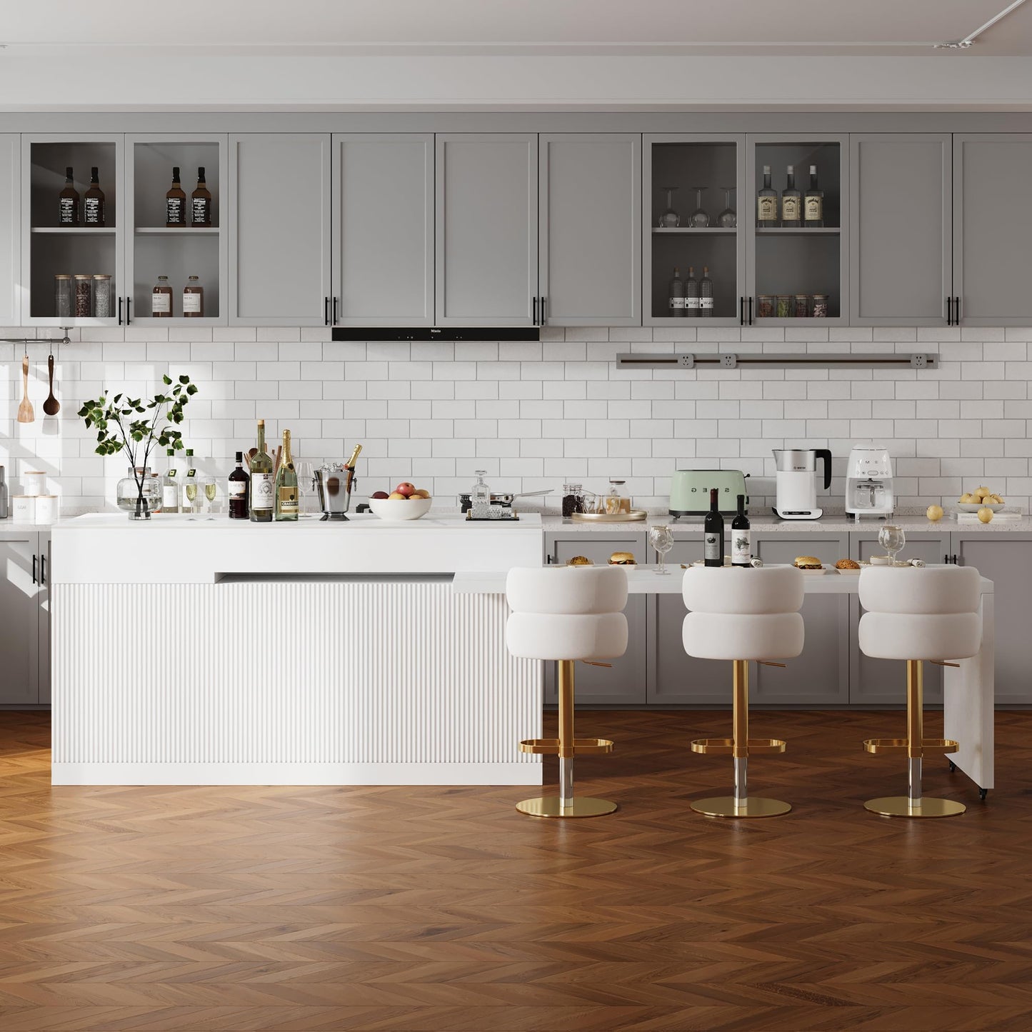 homary Extendable Kitchen Island, 81"-106" Kitchen Island Cabinet with Sintered Stone Top, Storage Drawers & Doors, White, Right-Hand Facing