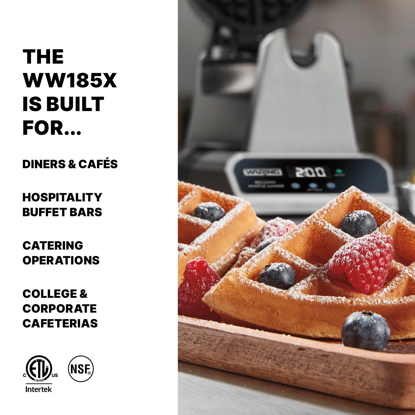 Waring Commercial Belgian Waffle Maker, 25 Waffles per Hour, Automatic Countdown Timer,Rotary Feature for Even Baking, Triple-Coated Nonstick Plates, NSF Certified, WW185X