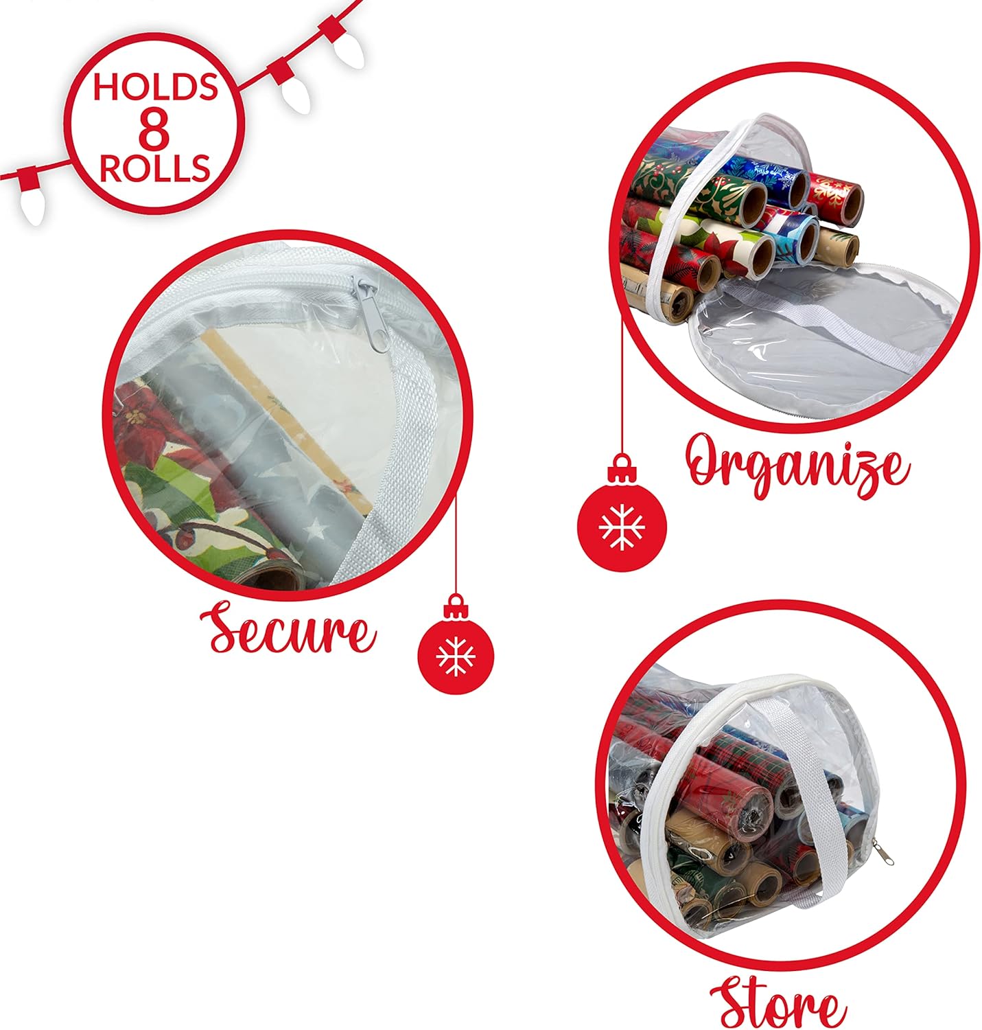 Simplify Clear Gift Wrap Storage Bag - Holds 30" Long Wrapping Paper Rolls | Zipper Closure | Red