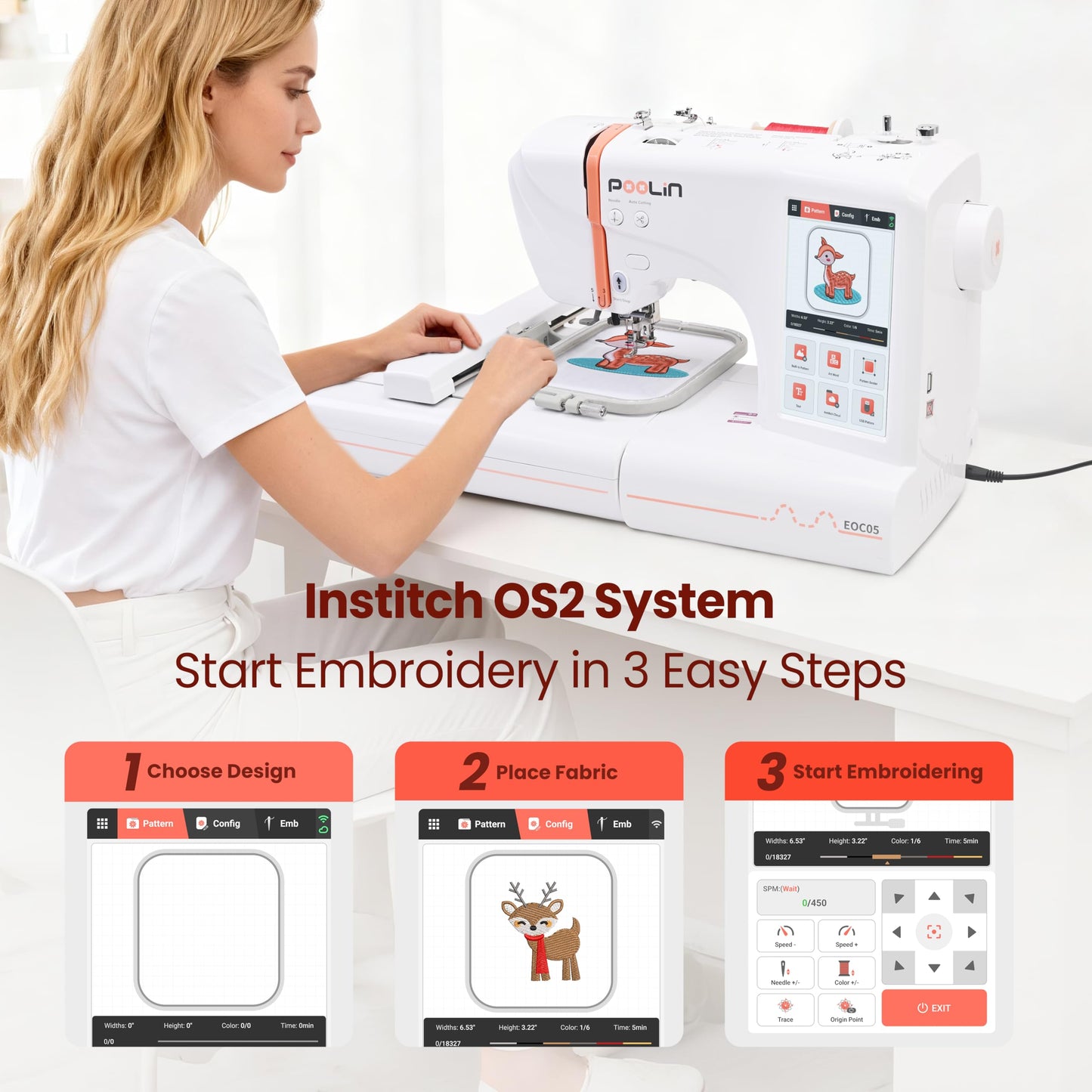 PooLin EOC05 Embroidery Machine for Beginners, Large 7" Touchscreen Easy to Use, 4"x9.25" Embroidery Area, WiFi Design Transfer Home DIY Machine for Learning and Personal Projects