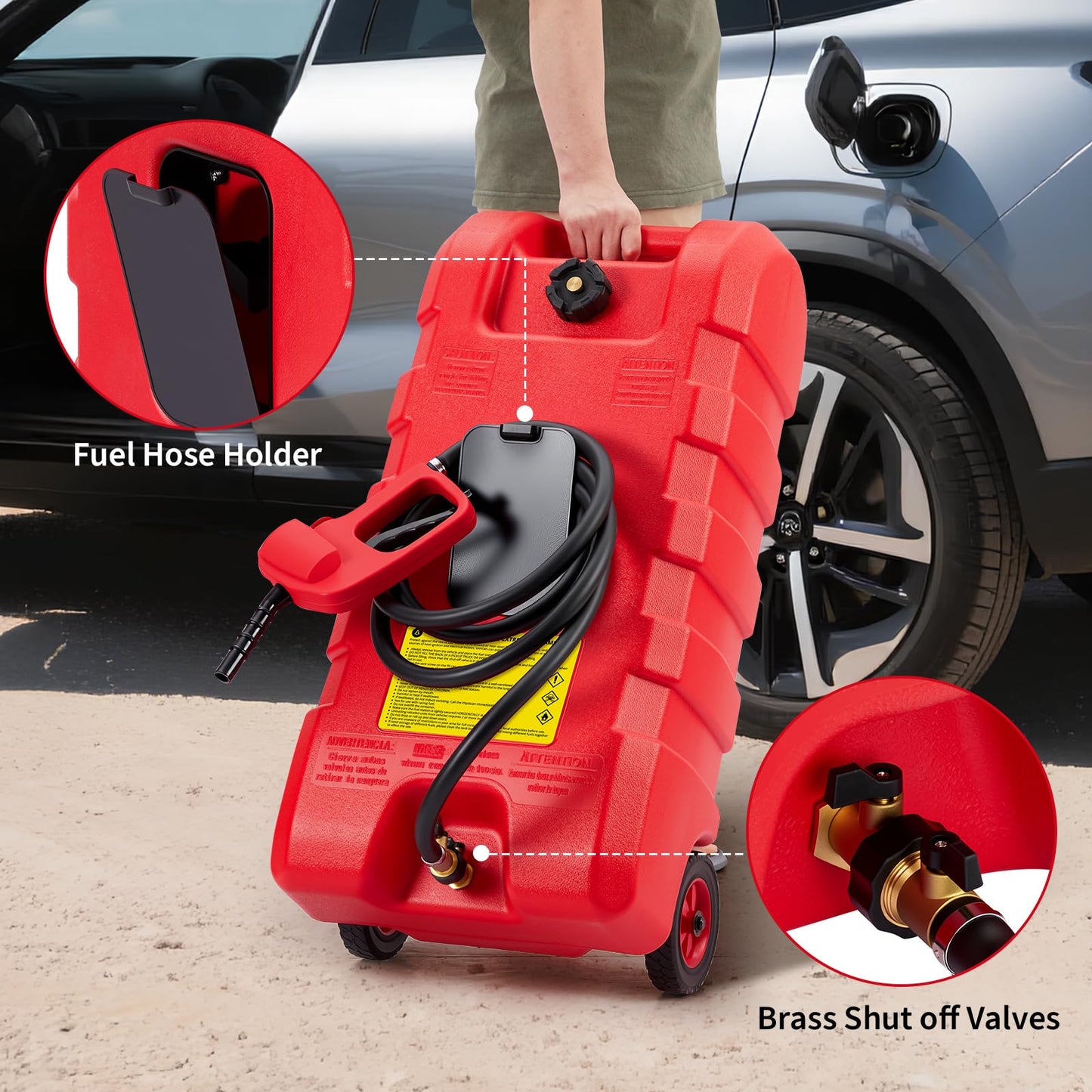 GarveeTech 15 gal Gas Can with Manual Transfer Pump & 10 ft Hose, Portable Fuel Tank with Wheels & Carry Handle, Leak-Proof Heavy Duty Gas Caddy for Cars, Boats, Lawn Mowers, Red
