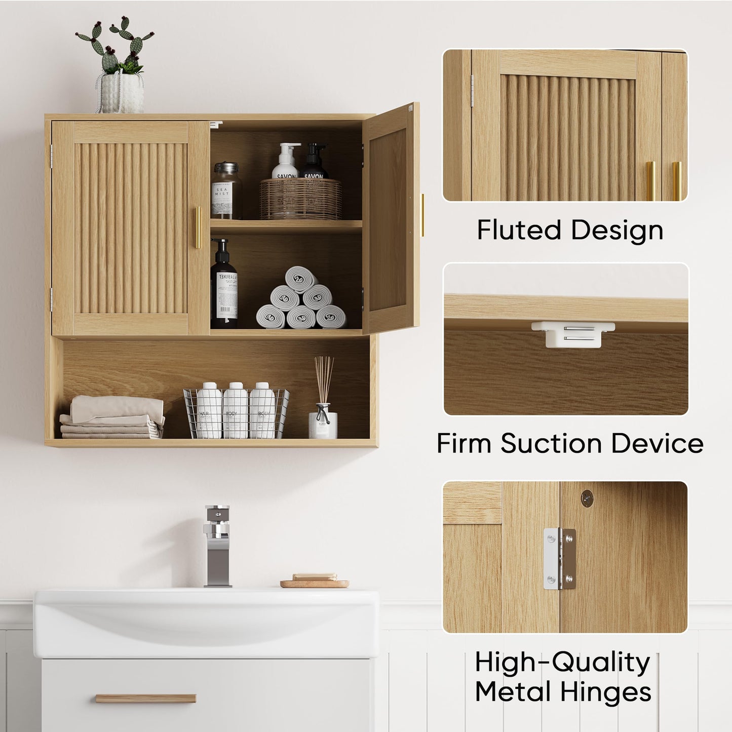 Smuxee Bathroom Cabinet Wall Mounted, Wooden Medicine Cabinet with Fluted Doors & Adjustable Shelf, Bathroom Cabinet for Bath Room, Living Room, Laundry Room