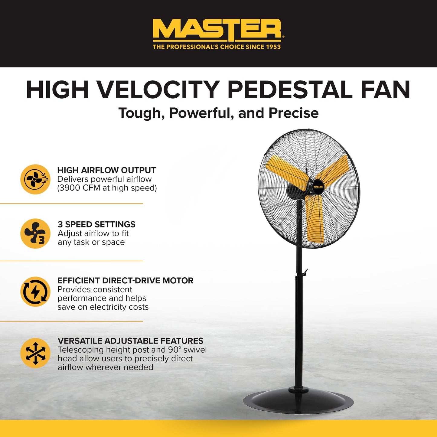 Master 24 Inch Oscillating Industrial High Velocity Pedestal Fan - Use for Shop, Garage or Warehouse, All-Metal Construction with OSHA-Compliant Safety Guards, 3 Speed Settings (MAC-24POSC)