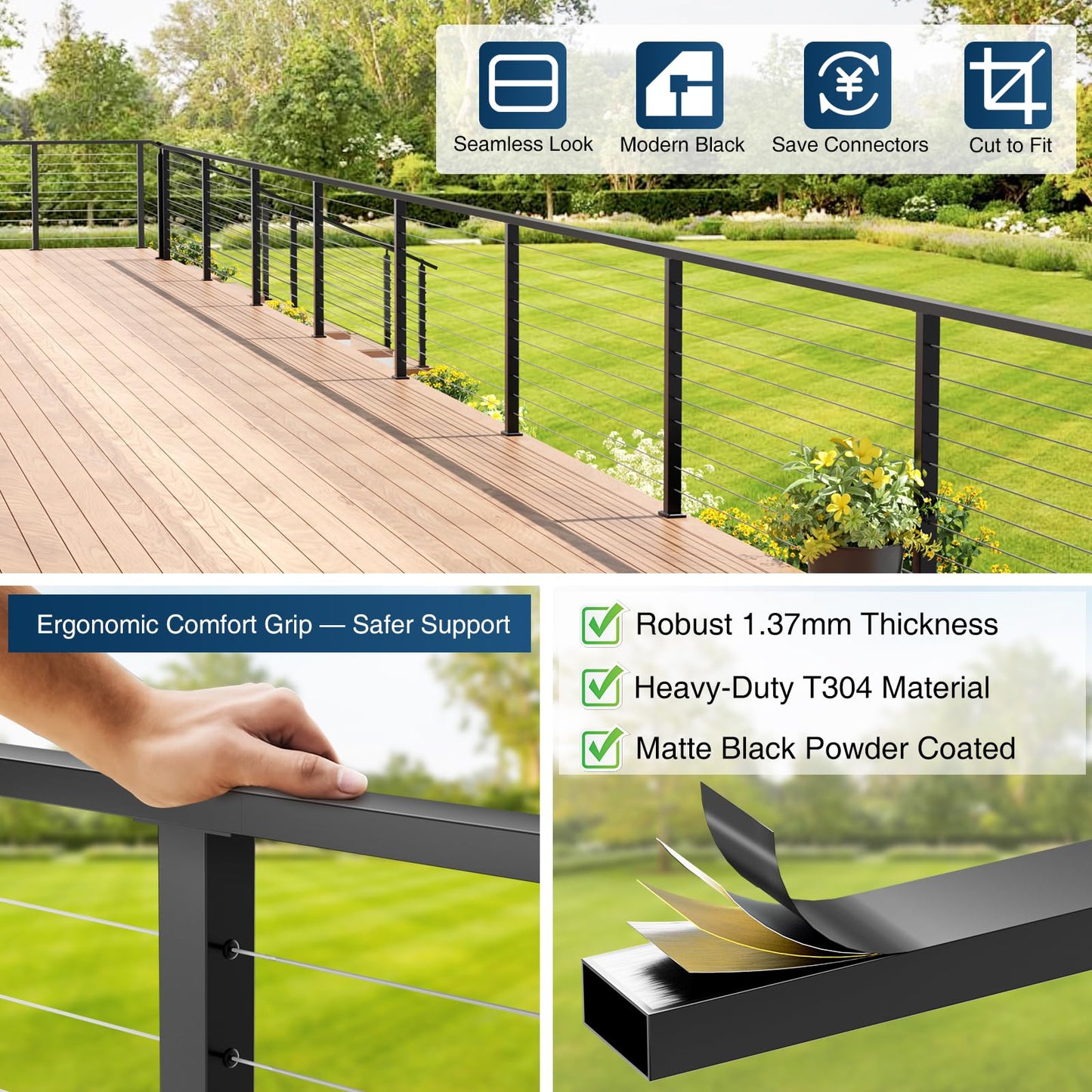 Gyykzz 12FT Stainless Steel T304 Black Handrail, 3 Pack Rectangular Cuttable Handrail Flat Top Rail 2-3/8"x1-3/16 with Nylon End Caps for Indoor Outdoor Deck Stair Cable Railing System DIY Balustrade