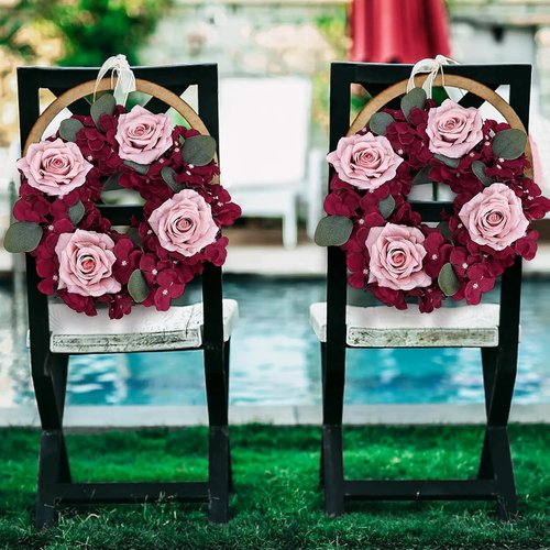 Artificial Flower Candle Rings - 6-Inch Rose Floral Wreaths with Butterflies for Wedding Centerpieces | Burgundy & Dusty Pink
