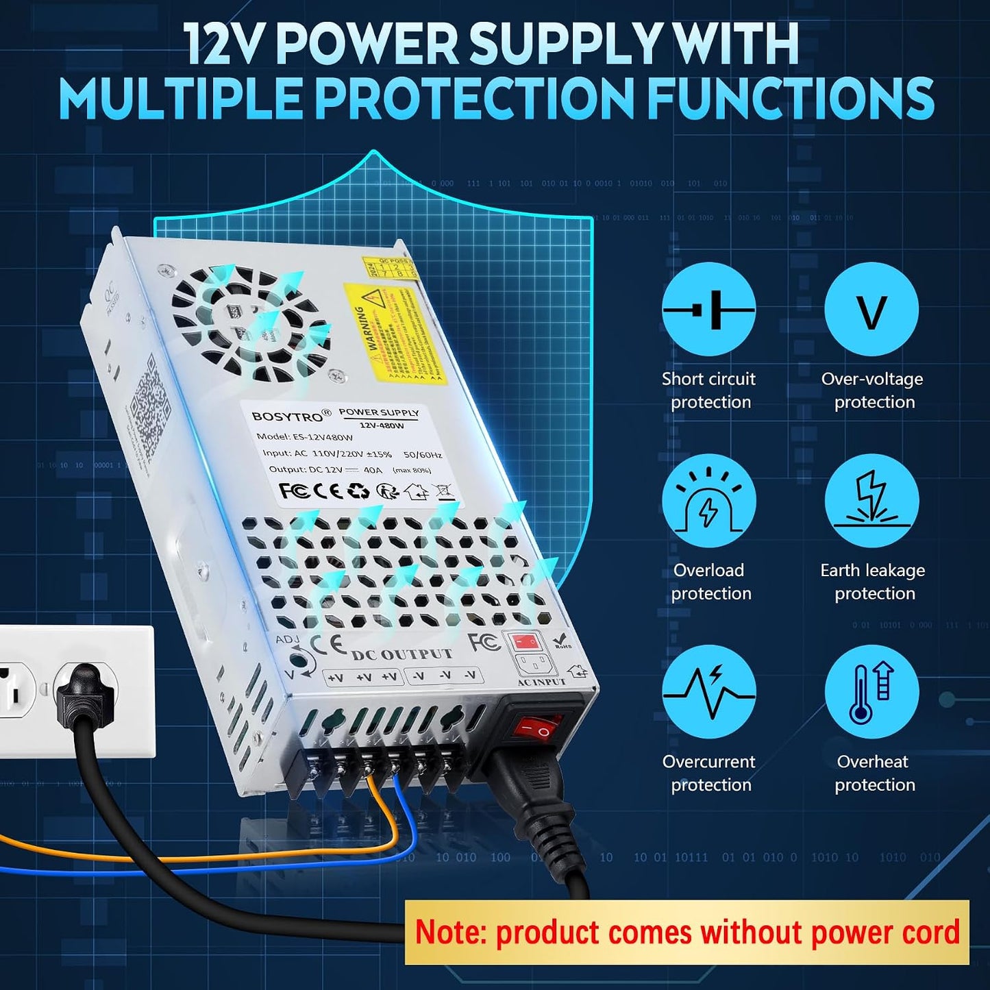 BOSYTRO 12V 480W 40A 110v 12v 3D Upgraded DC Power Supply to Converter Switching Power Supply for Led Strip, CCTV