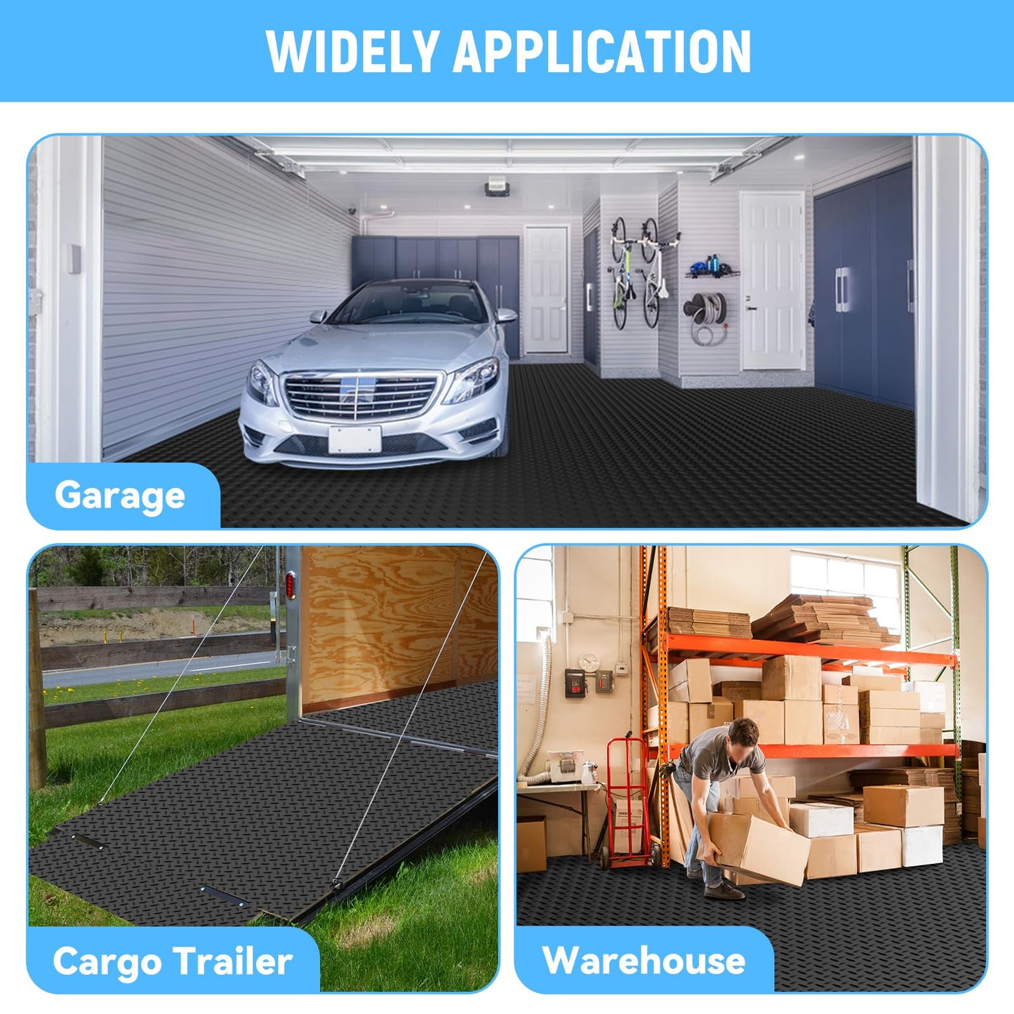 NarwooAuto 8x25 FT Garage Floor Mat, 2.8mm Thickened PVC Flooring Roll for Under Car, 200 SQFT Diamond Plate Black Garage Mats for Garage, Warehouse, Basement, Gyms, Trailer（Included Tapes）